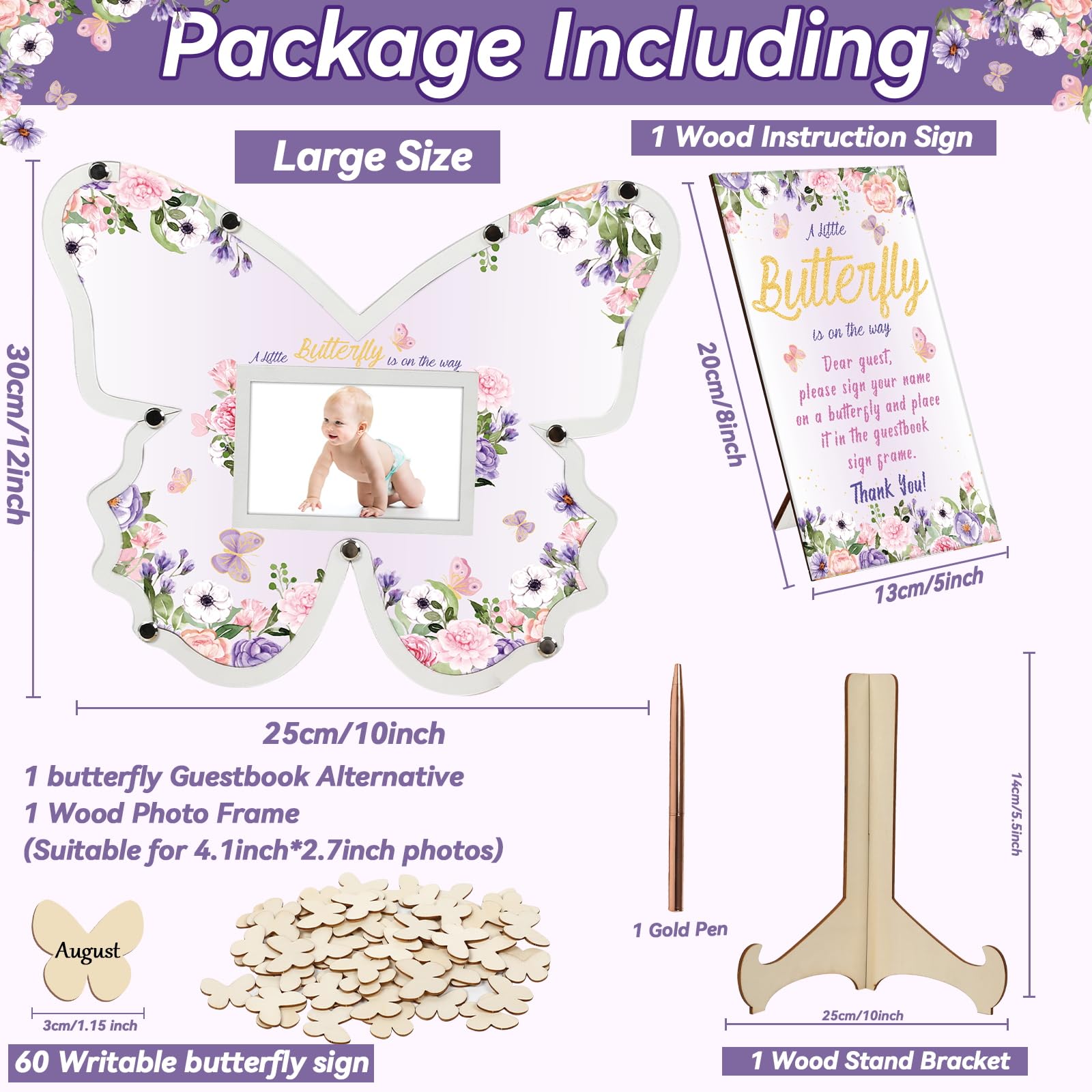 64 PCS Butterfly Baby Shower Decorations Guest Book Alternatives for Baby Shower Girl Wooden Baby Shower Sign in Photo Guest Book Baby Shower Picture Frame Keepsakes for Guests Birthday Favors, Purple