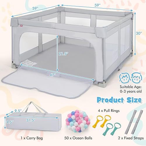 Miniatura 2 de Costzon Corralito plegable para bebés, corralito portátil de 59 x 59 pulgadas con 50 bolas oceánicas, 4 asas, bolsa de transporte, malla visible,