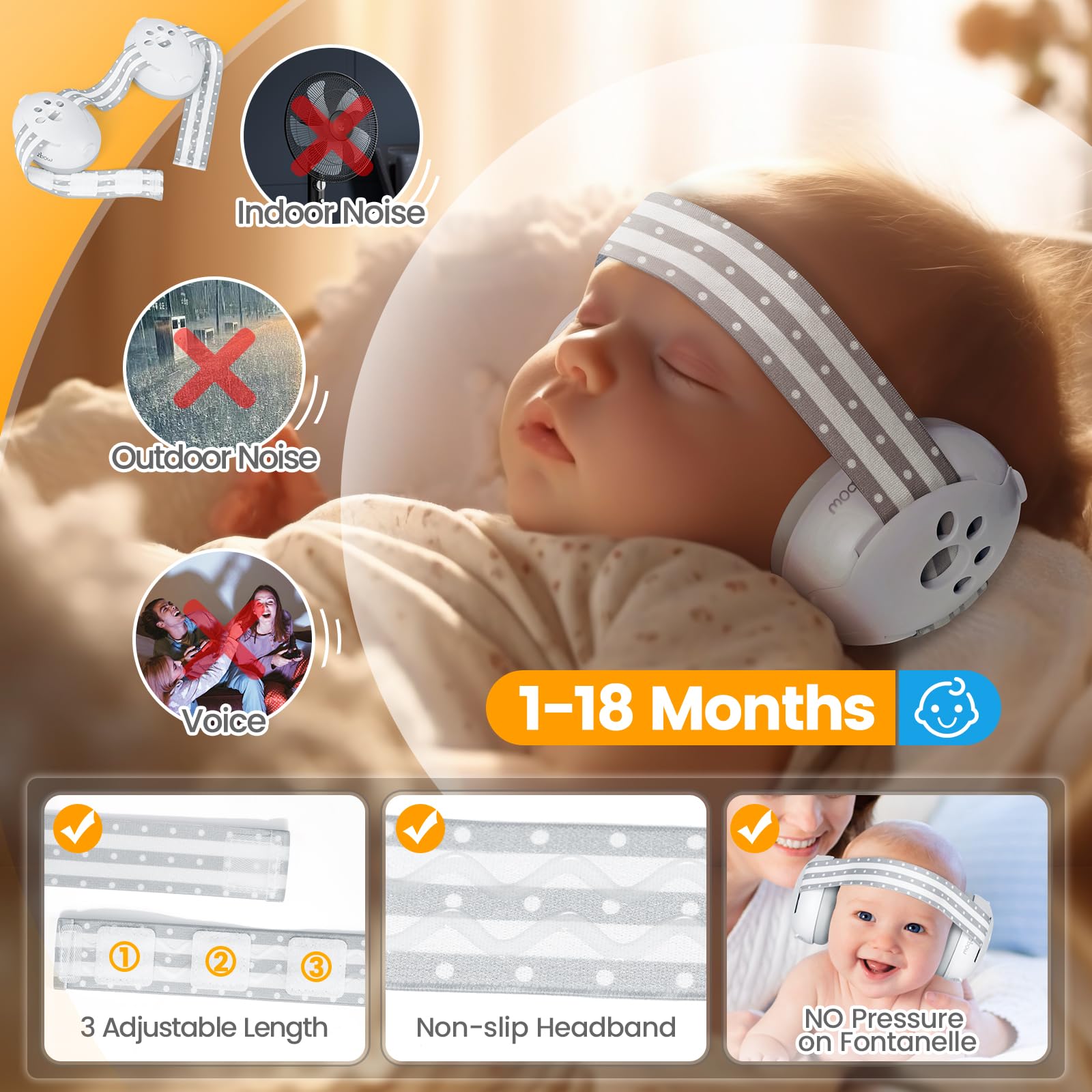Orzbow 2-in-1 Baby Ear Muffs Noise Protection, Noise Cancelling Headphones for Babies up to 48 Months, Adjustable Infant Ear Protection with Non-Slip Band for Airplane Travel Sleep, White - 3