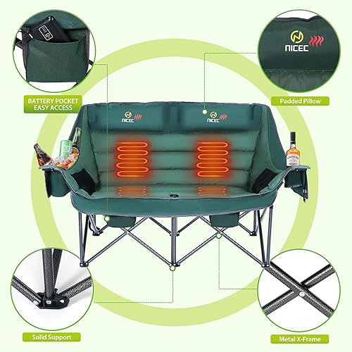 Miniatura 7 de Nice C Silla de camping climatizada con batería, sofá doble calefactado para acampar, sofá biplaza acolchado grueso de gran tamaño, silla de
