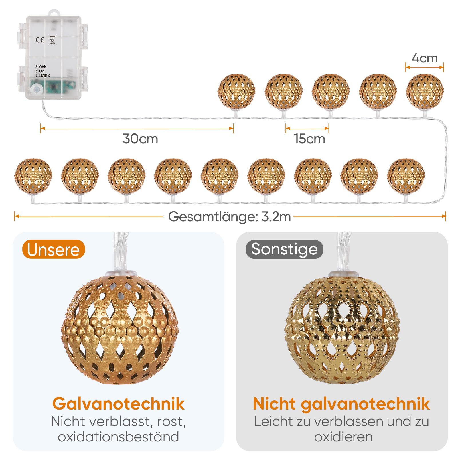 Catena Luminosa Marocchina, 20 LED Bianchi Caldi a Pile per Interni con Timer, Decorazione Orientale per Camere Matrimoni Feste Ramadan Natale