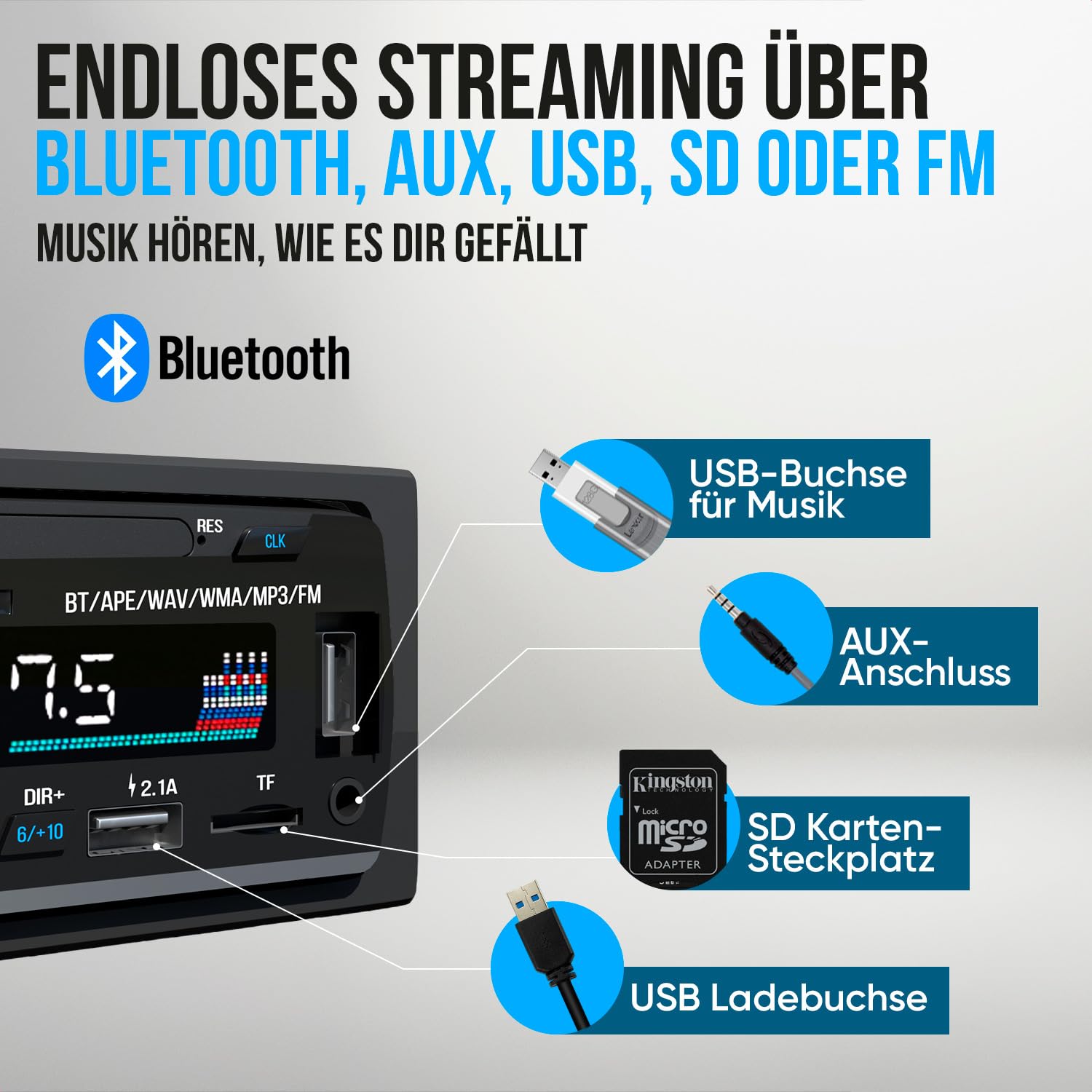 Strex Autoradio mit Bluetooth für alle Fahrzeuge - USB, AUX und Freisprecheinrichtung - Fernbedienung - EIN-DIN-Autoradio mit integriertem Mikrofon