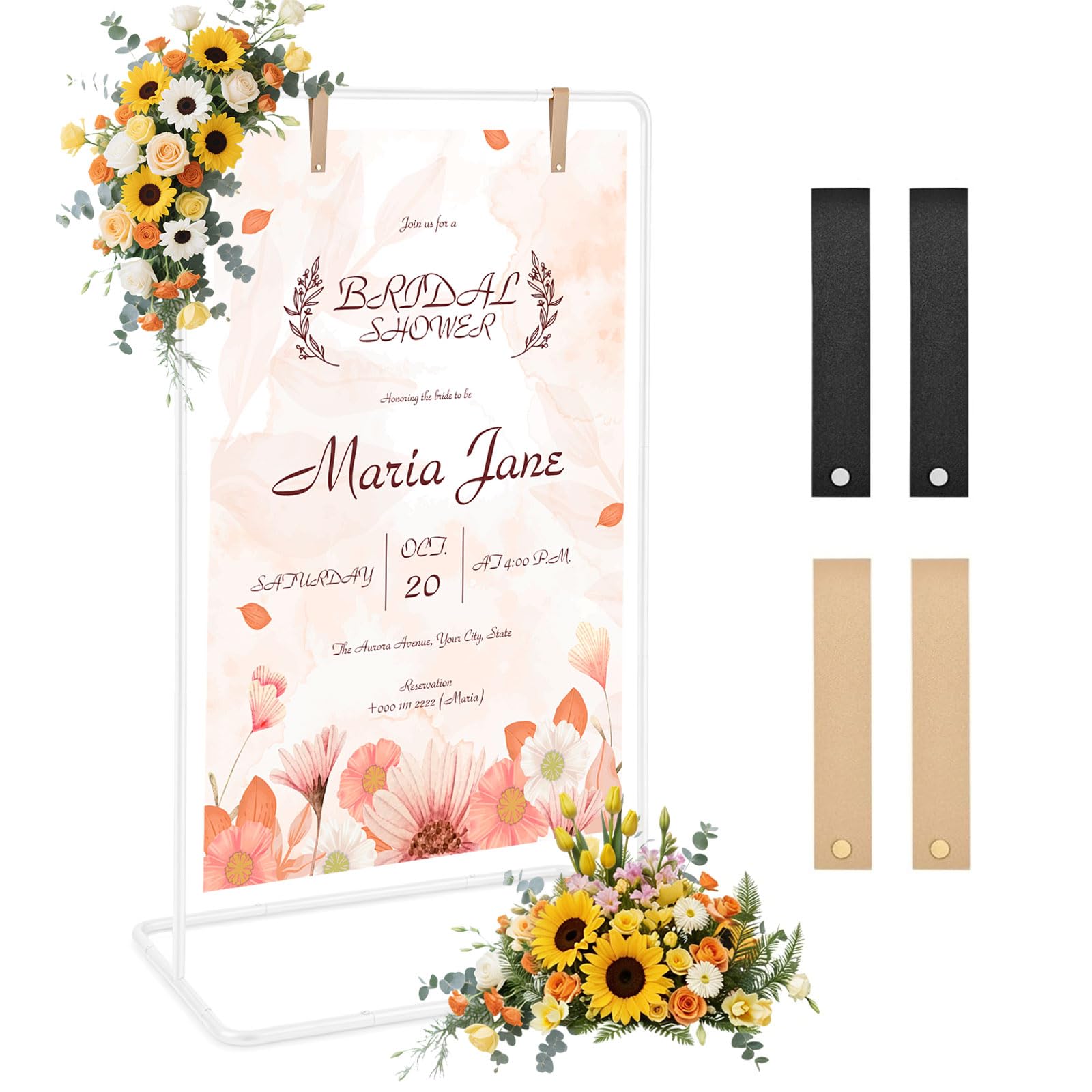 MeYuxg Support de plaque de mariage réglable de 173 à 136 cm avec 4 sangles en cuir, panneau de bienvenue en métal pour panneaux de mariage, plan de siège, réception