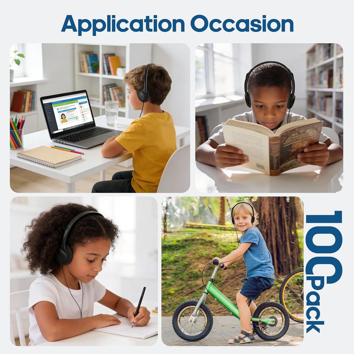 Classroom Headphones Bulk 100 Pack for Kids Schools Students,Wholesale Wired On Ear Class Set Headphones for Library Chromebook Laptop PC Computer(HLY002 Black)