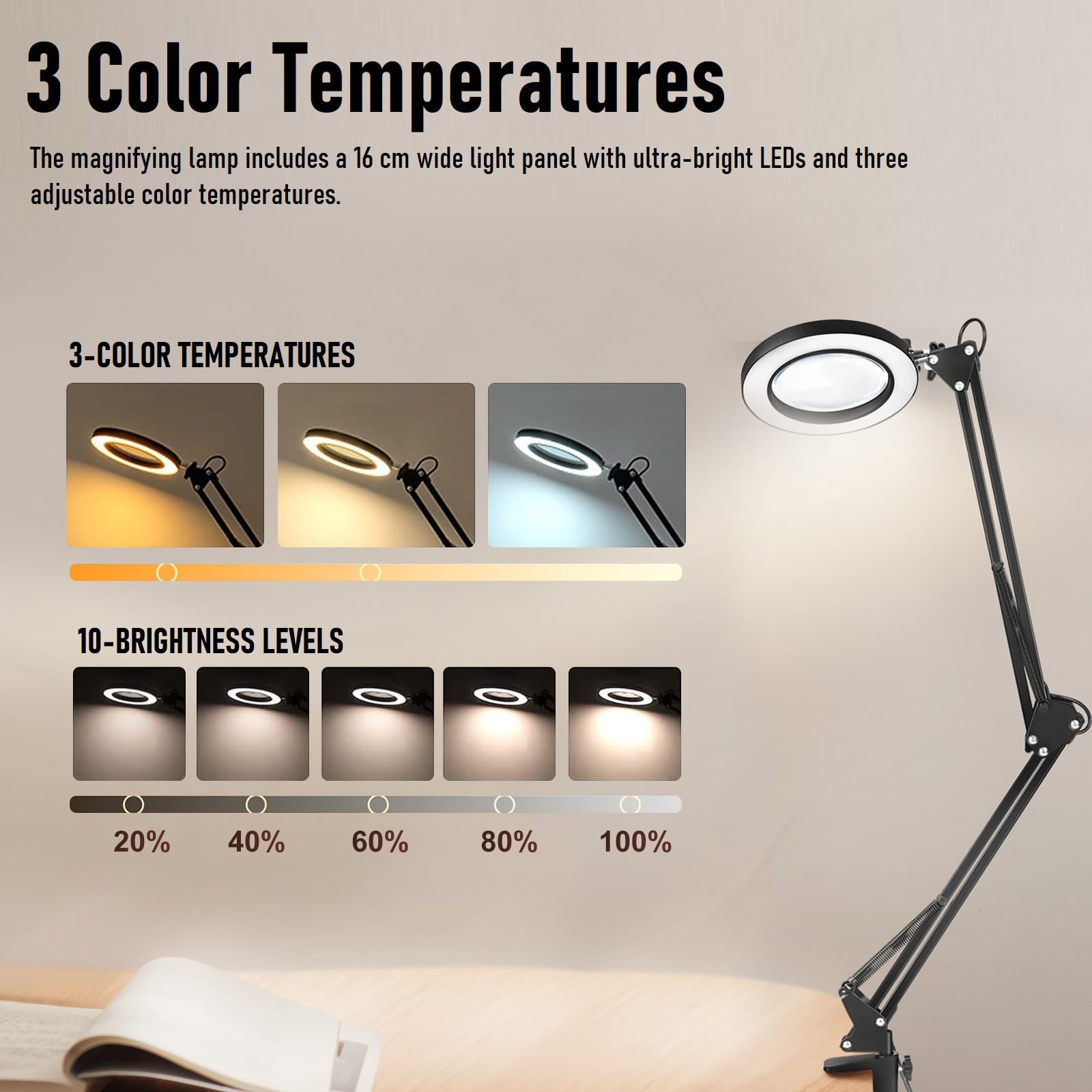 10-fache Vergrößerungslampe mit HD-Glaslinse | 3 Farbtemperaturen, 360° verstellbarer Arm, Metallklemme und Ständer | LED-Computerlampe zum Lesen, Basteln