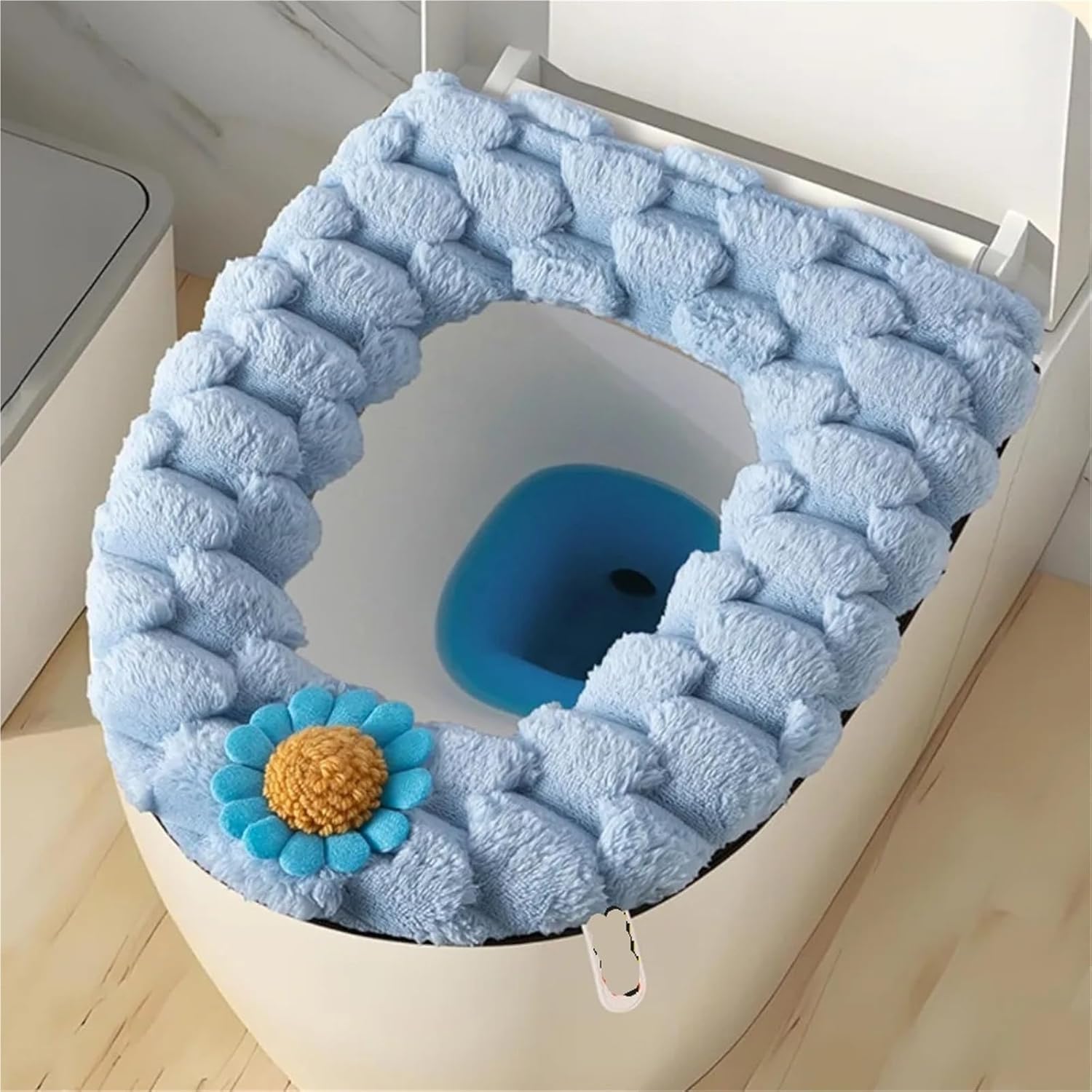 Thickened Toilet Seat Cover Washable with Handle Lid Cushion Zipper Design Warm Closestool Pads Household Supplies(Blue-1)