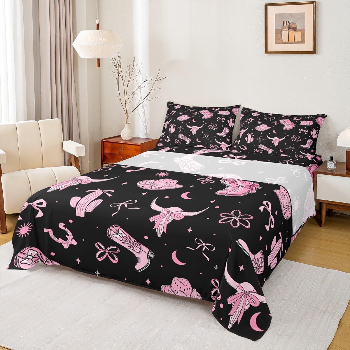 jejeloiu Black Pink Western Aztec Bed Sheets Set for Girls Boys Kids King Size Boots Hat Bedding Room Decor Bull Skull Bow Princess Tribal Rustic Sheet with 16 Inch Deep Pockets Breathable Soft 4Pcs