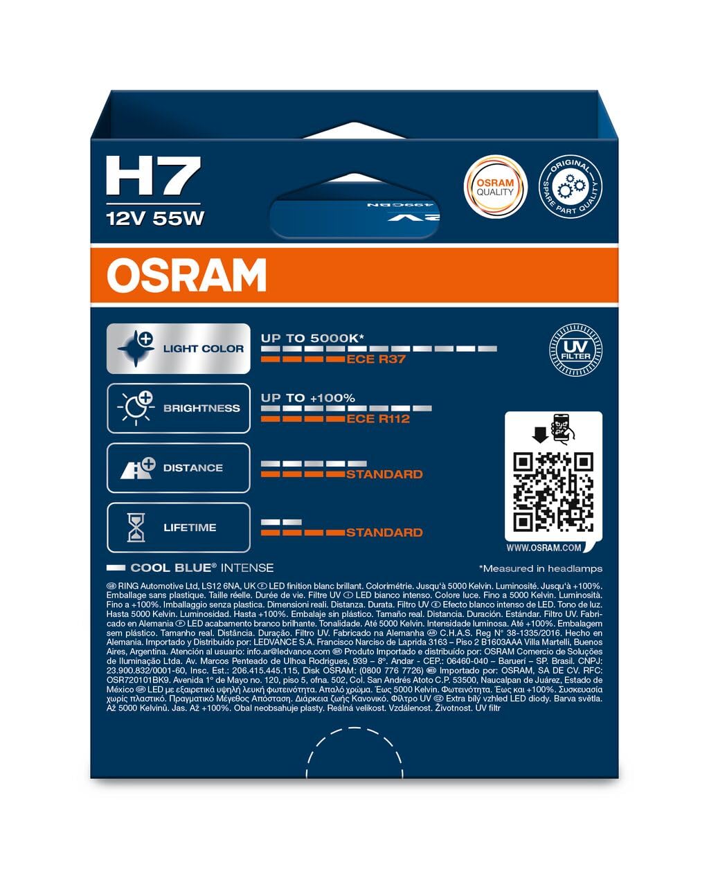 OSRAM COOL BLUE INTENSE H7, +100% di luminosità in più, fino a 5.000 K, lampada frontale alogena, aspetto LED, scatola pieghevole sospesa (2 lampade)