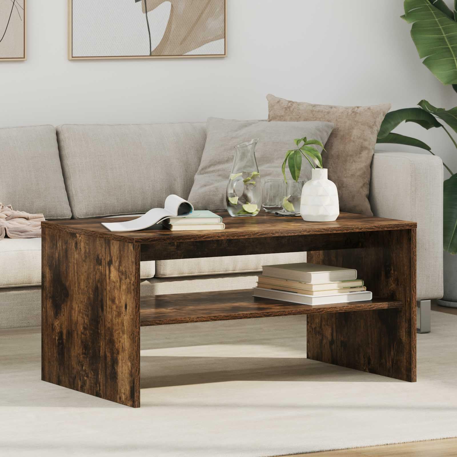 Stolik kawowy wędzony dąb 80 x 50 x 40 cm materiał drewnopochodny z półkami i prostokątnym wzorem do salonu
