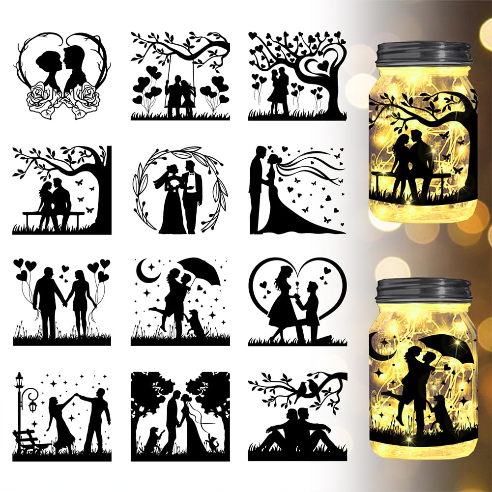 GLOBLELAND 12Pcs Couple Silhouette Window Stickers Love Wedding Plastic Lantern Jar Decals Paper for Lighting Decoration Paper Cut Light Box Home Decor