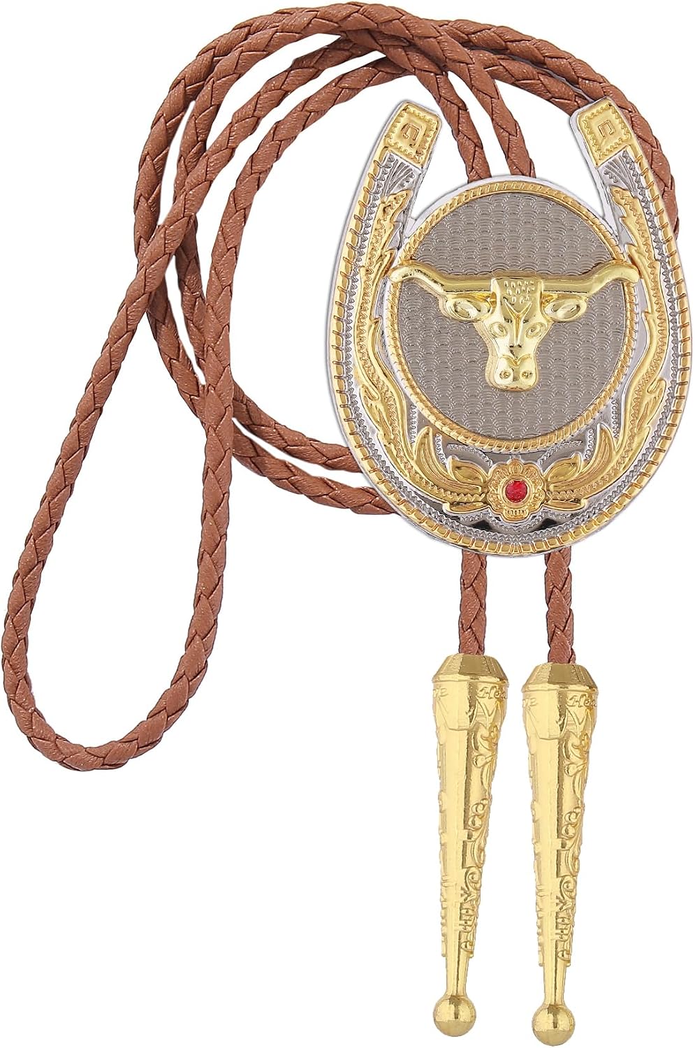 Jeilwiy Bolo Tie for Men, Western Cowboy Golden Longhorn Bull Eagle Horse Cowboy Hat Bolo Necklace Leather Necktie for Women