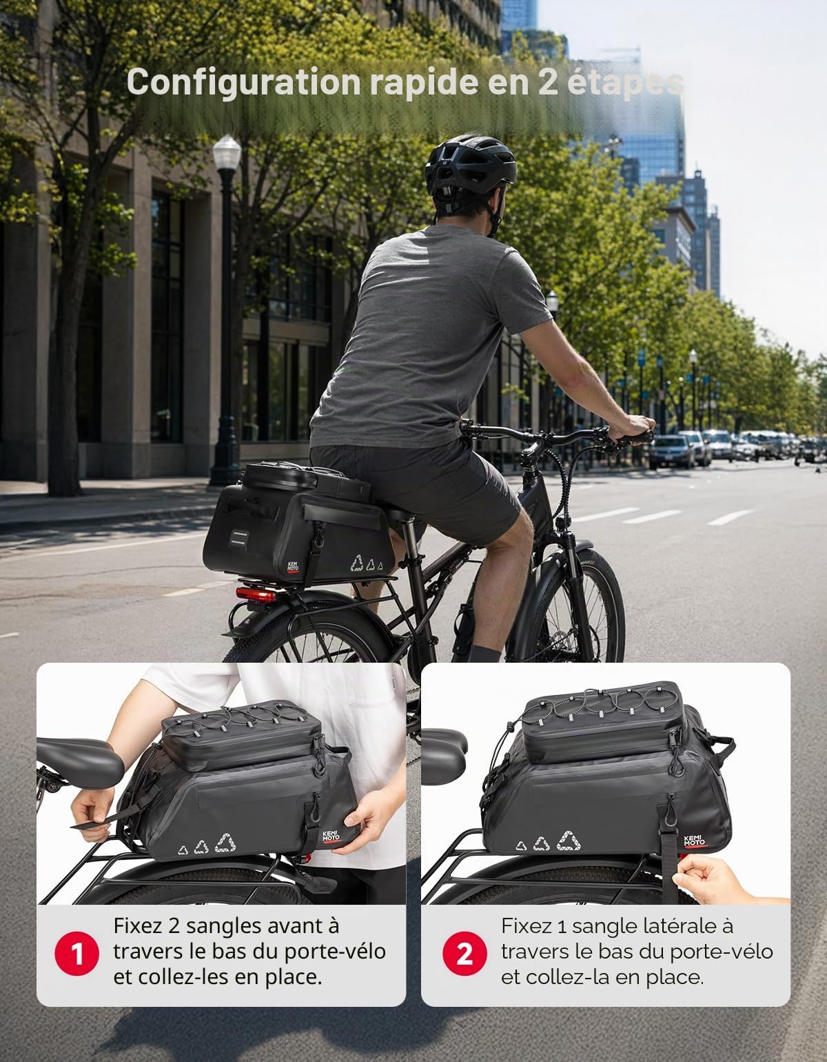 KEMIMOTO 3 en 1 Sacoche Velo Porte Bagage Arriere, 13L Sacoche Vélo Arrière Etanche 500D PVC et avec Plusieurs Compartiments, Sac Vélo Multifonctionnelle avec Poignée de Transport et Bandoulière