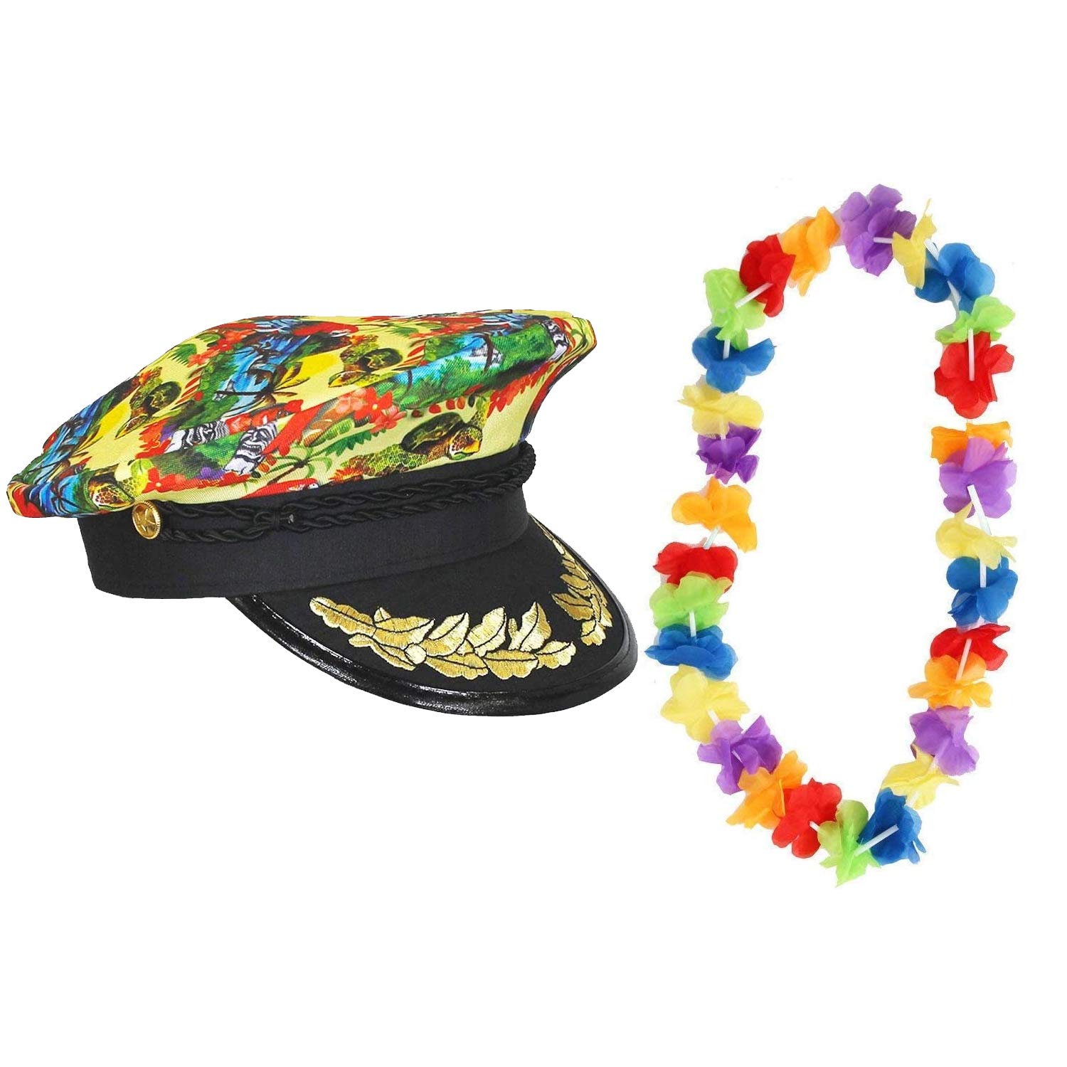Hawaiian Sailor Captain Hat + Rainbow Multicoloured Lei Fancy Dress Summer Mens Womens Party Costume Accessory (Pack of 6, Yellow)