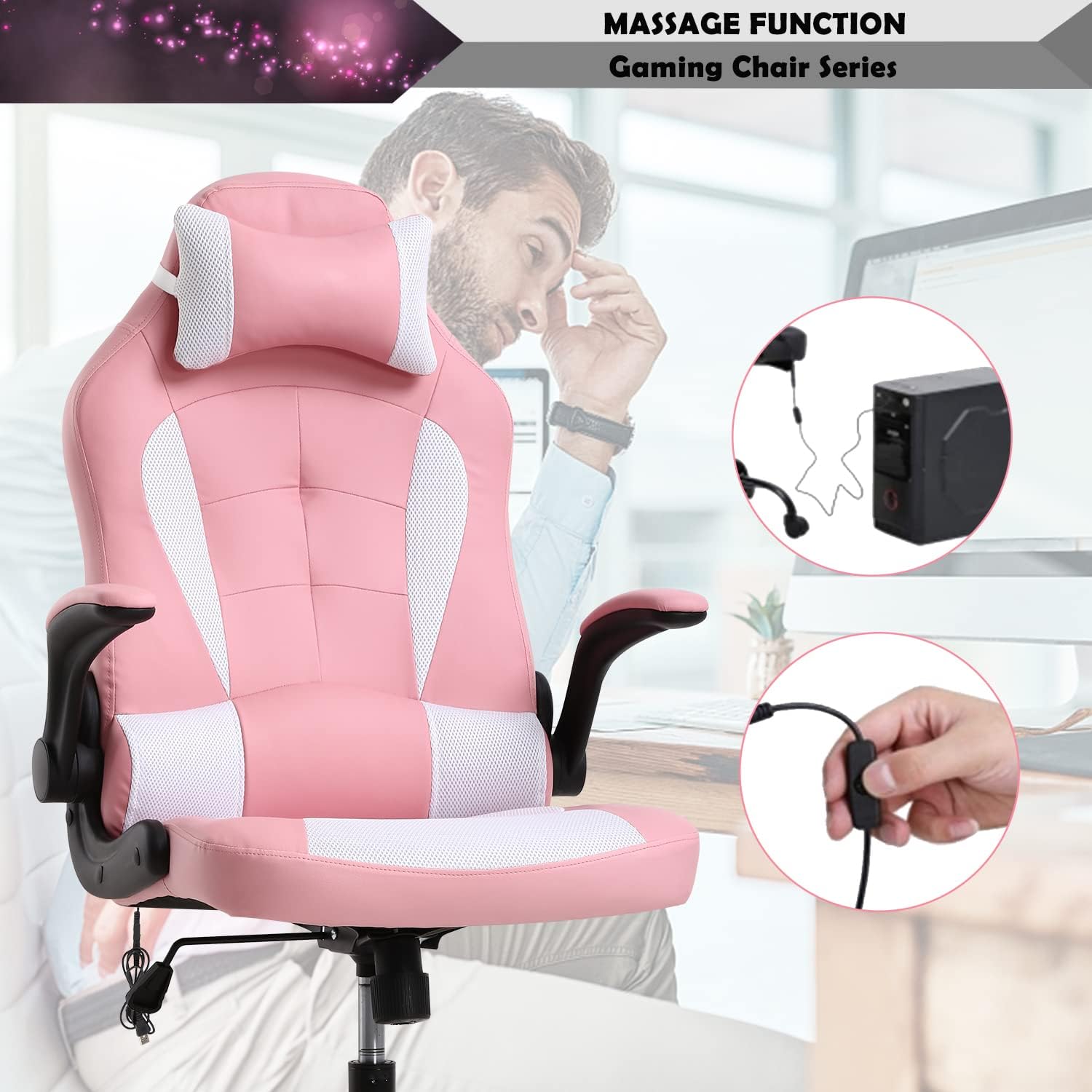 Pink Gaming Chair, Massage Gaming Chairs for Adults, Leather Computer Desk Chair for High Back, Height Adjustable Reclining Gamer Chair with 360° Swivel Wheels & Lumbar Support