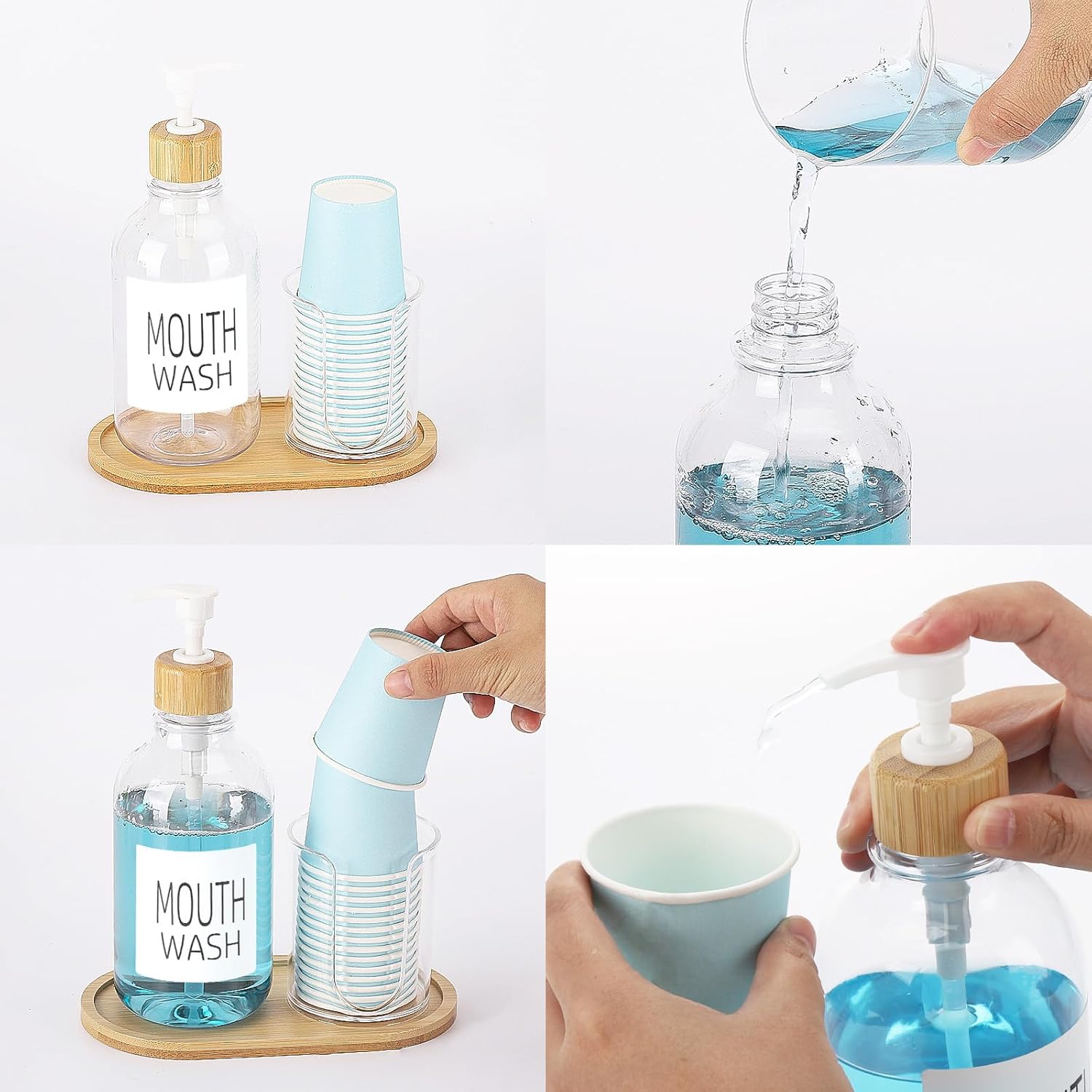 Mouthwash Dispenser with Cup Holder, Plastic Mouth Wash Pump Bottle with Tray for Bathroom Organizers, 17oz Refillable Clear Mouthwash Container - Bamboo - Image 5
