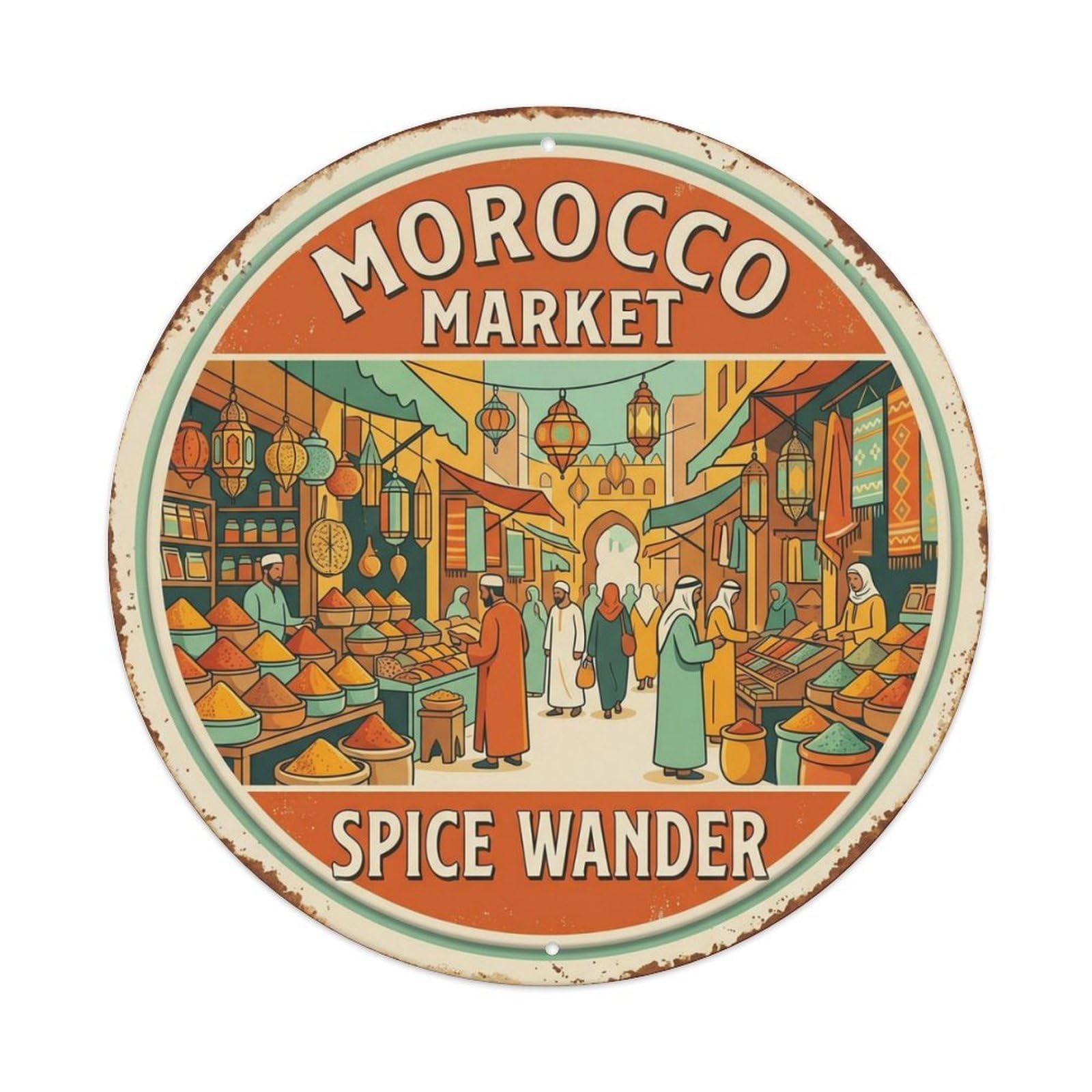 Market Spice Wander Morocco Bazaar Metal Tin Sign Plaque Wall Decor for Cafe, Club Bar, Office, Home Garden Round Metal Poster 8x8Inch