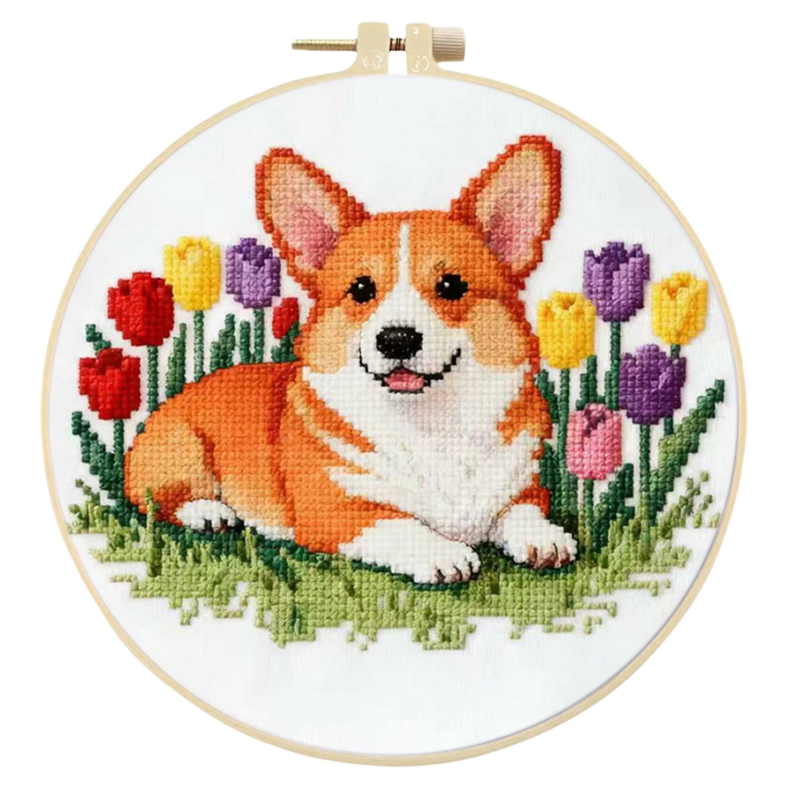 Poetrydraw Corgi Tulip Full 11Ct Diy Stamped Cross Stitch Kits 24X24cm Embroidery Needlepoint Starter Kits With Hoop Cross Stitch Art And Crafts Kits For Beginners Adults Home Decor (Corgi Tulip)