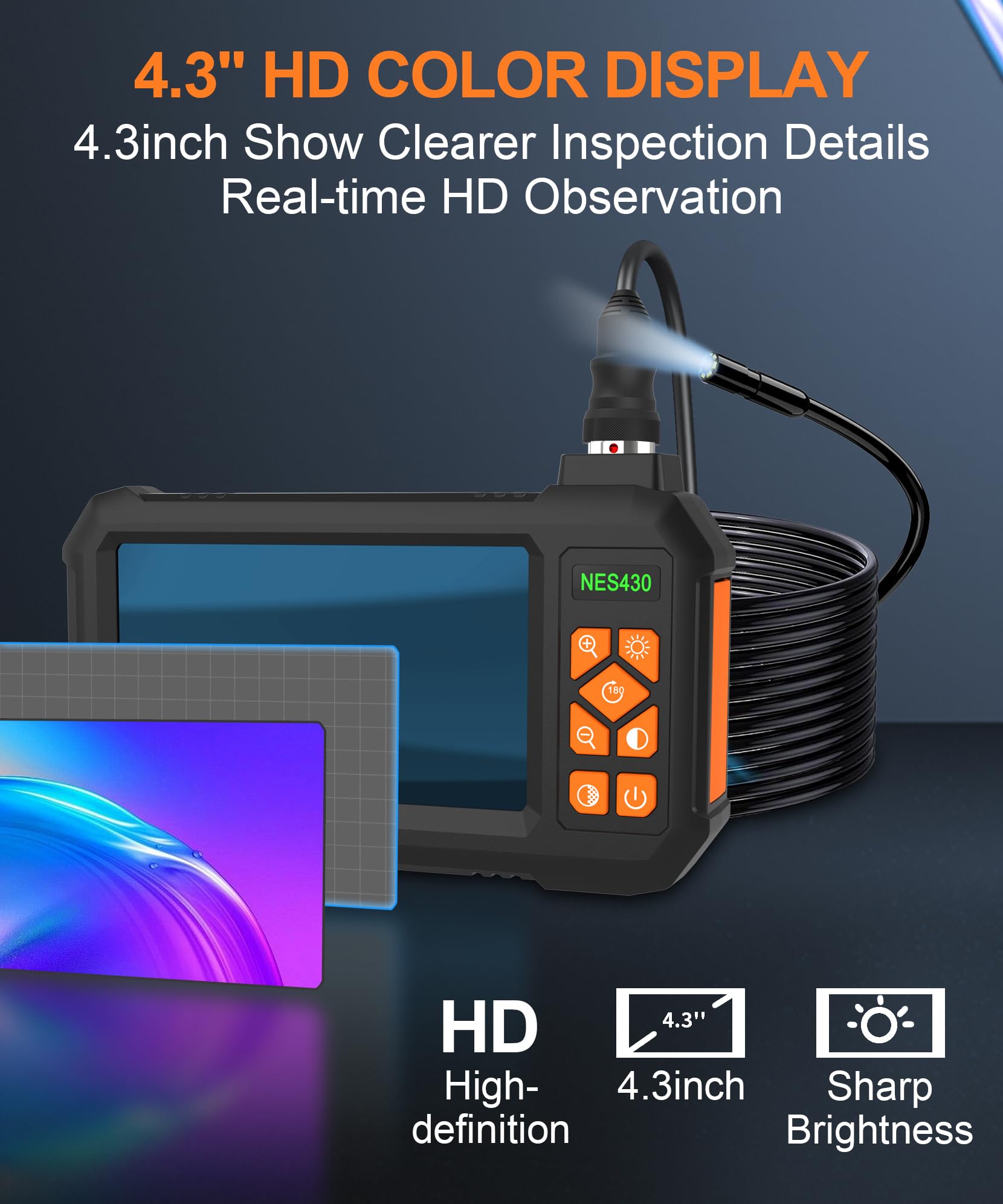 Cámara endoscopio industrial con luz, pantalla LCD de 4.3 pulgadas, cámara digital HD de mano, impermeable, cámara de inspección de alcantarillado con 8 luces LED, cable semirrígido de 16.5 pies