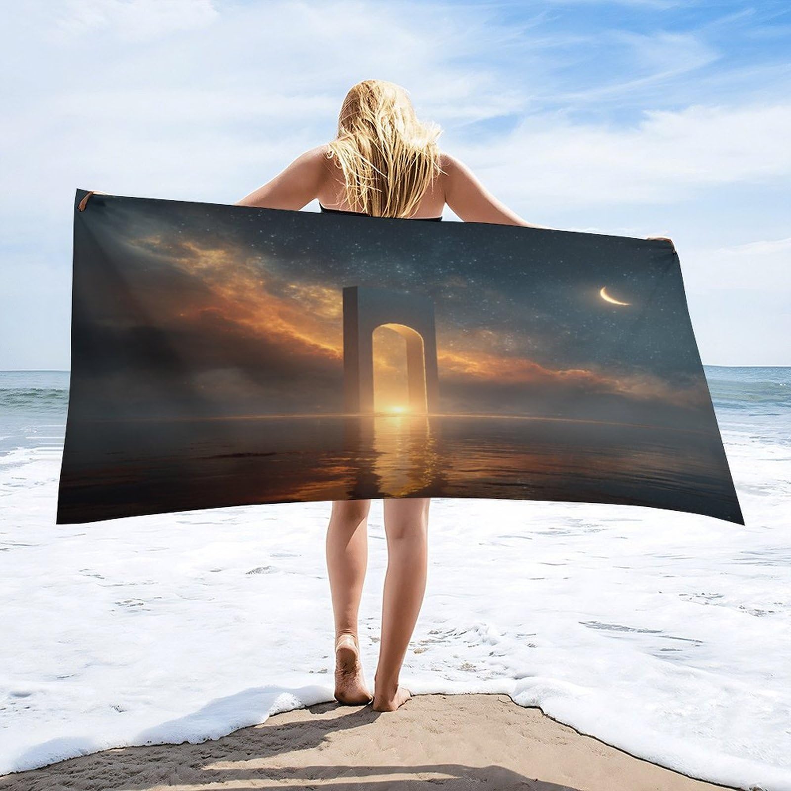 Luyysky Cool Abstract Galaxy Archway Quick-Drying Beach Towel, Modern Watercolor Planet Moon Outer Space Constellation Starry Sky Travel Vacation Single Sided Pile Bathroom Towels-80 W Cm X 160" L Cm