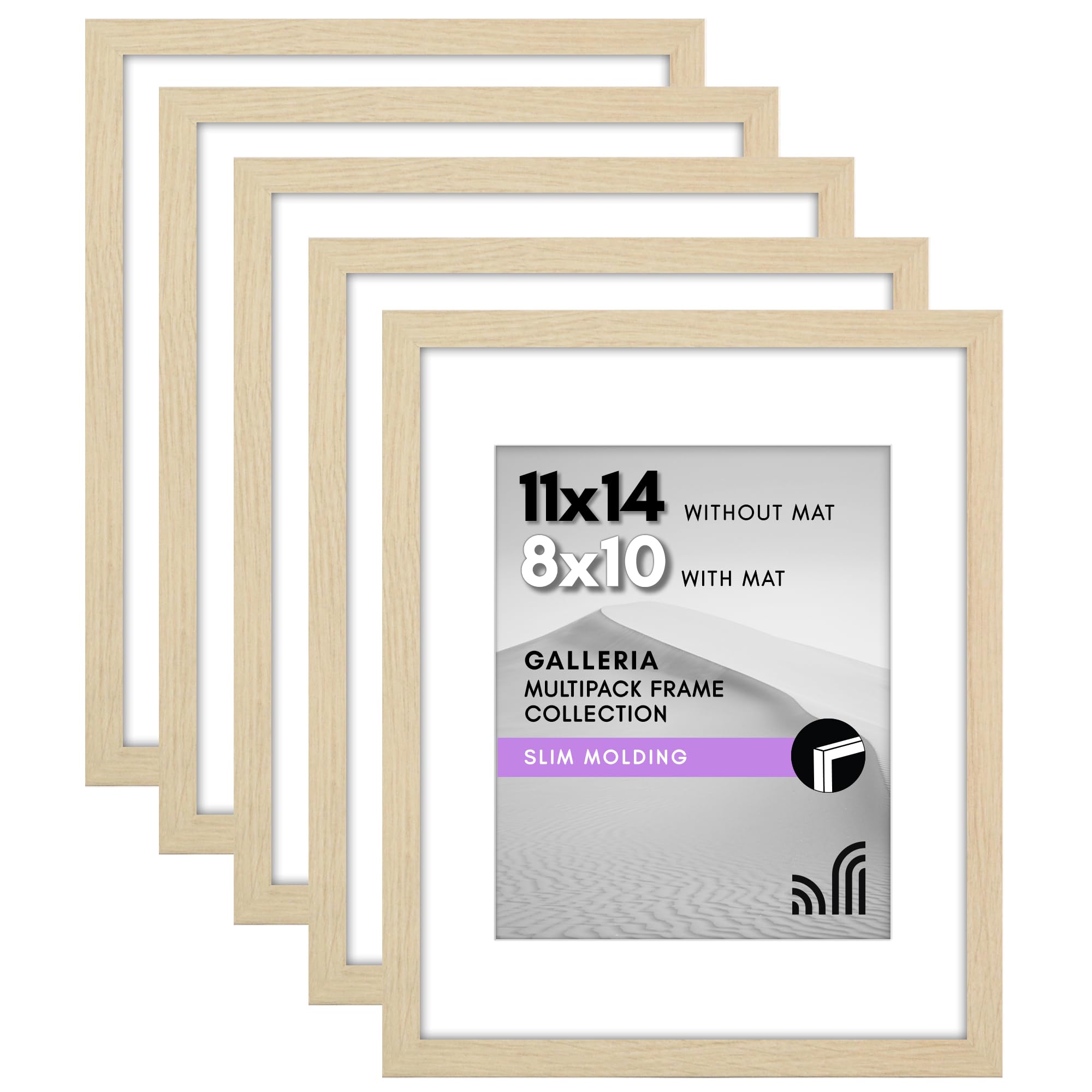 Americanflat 11x14 Picture Frame Set of 5 - Polished Plexiglass - Use as 8x10 With Mat or 11x14 Without Mat - Galleria Collection - Gallery Wall Set for Wall - Natural Oak