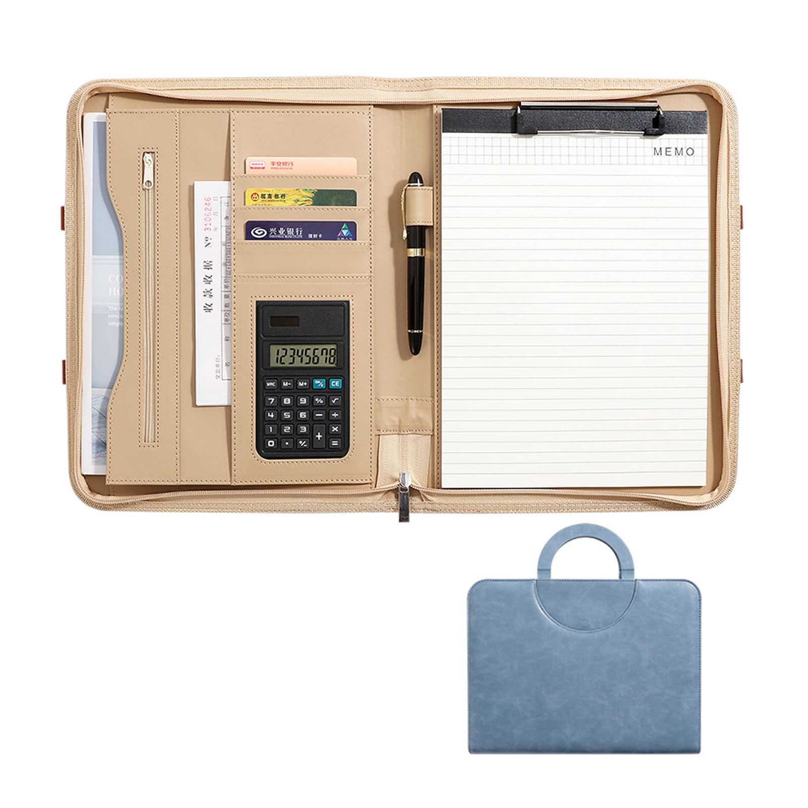 Padfolio Biznesowe Teczka Wielofunkcyjny Folder A4 Notebook Konferencja Planer Dokumentów Profesjonalny Segregator CV z Zamkiem Osobisty Organizer dla Mężczyzn Kobiet (Kolor: Niebieski, Rozmiar: 8-cyfrowy calcu