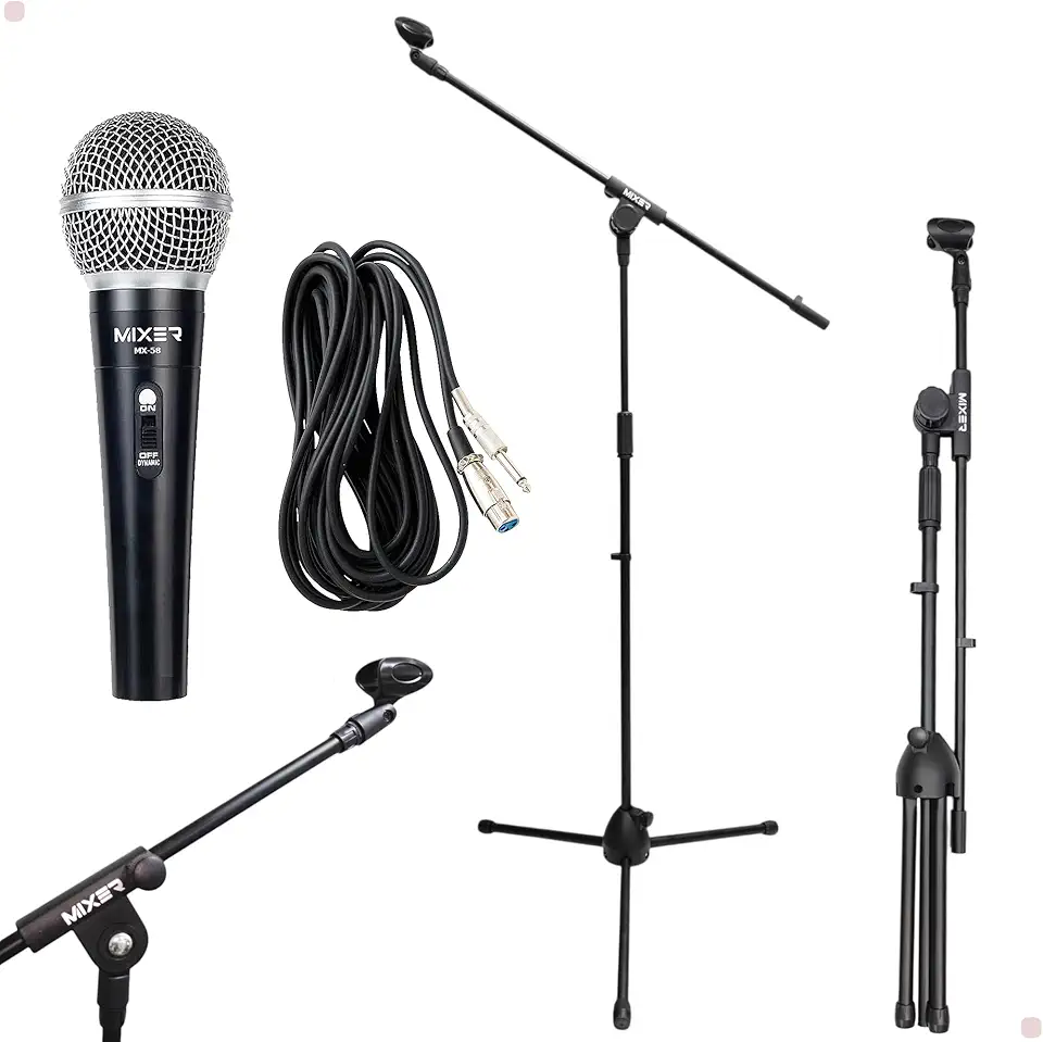 Microfone com Cabo 3 Metros e Pedestal para Igrejas, Palestras, Karaokê, Shows, Eventos em Geral