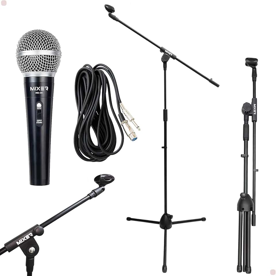 Microfone com Cabo 3 Metros e Pedestal para Igrejas, Palestras, Karaokê, Shows, Eventos em Geral