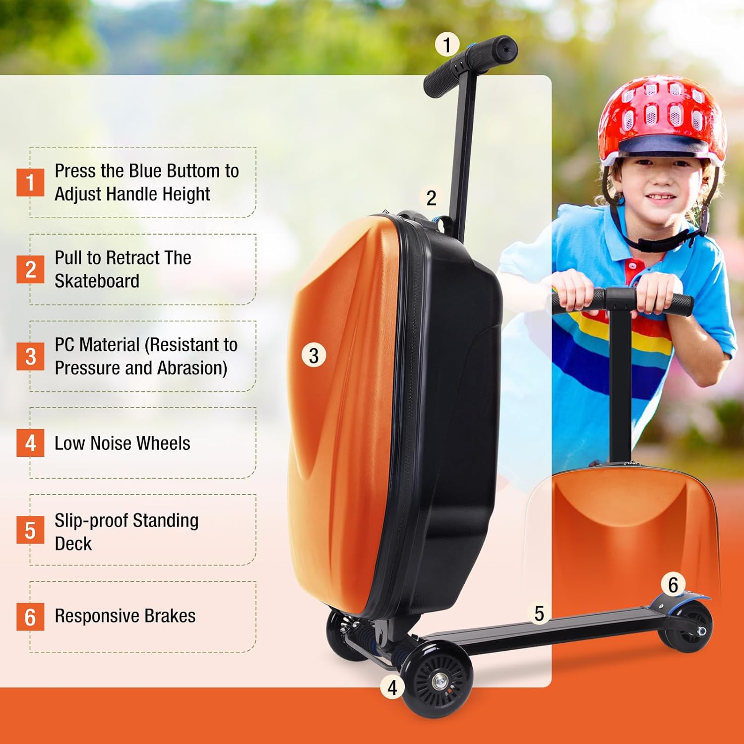 20" Scooter Suitcase for Kids, 2-in-1 Ride On Luggage with Wheels for Boys & Girls Ages 4-15, Foldable Hardshell Carry On Lightweight Travel Suitcase for Airplane (No LED, Orange)
