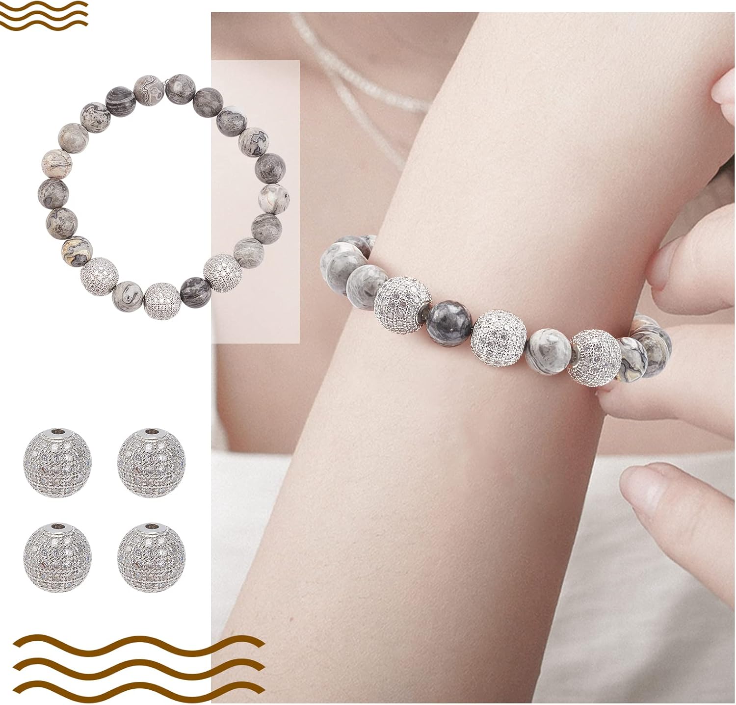 NBEADS 10 Pcs 10mm Platinum Color Brass Cubic Zirconia Beads, Clear Crystal Micro Pave Cubic Zirconia Round Beads CZ Brass Bracelet Beads for Jewelry Making