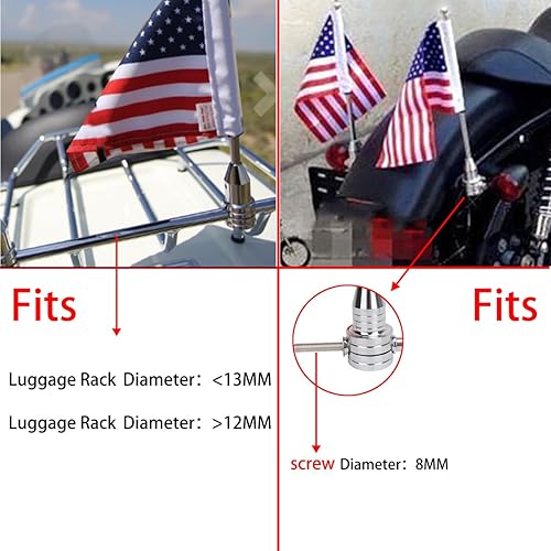 Miniatura 6 de Soporte de asta de bandera cromado para motocicleta de acero inoxidable con bandera de Estados Unidos de 6 x 9 pulgadas para Harley Davidson (1 par)