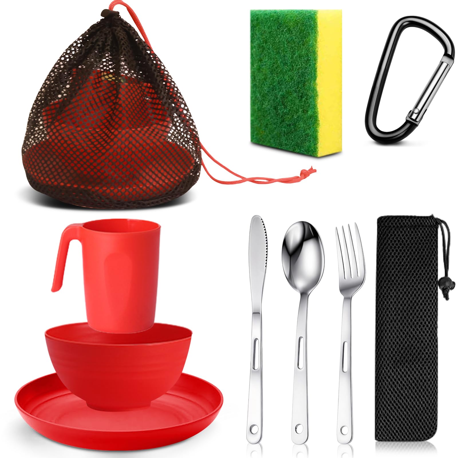 Scout Camping Mess Kit for 1 Person Boy Scout Dishes Set Girl Scout Mess Kit with Mesh Bag Reusable Light Weight Eating Utensils Plastic BPA Free Camping Cutlery Set for Travel Camp (Red)