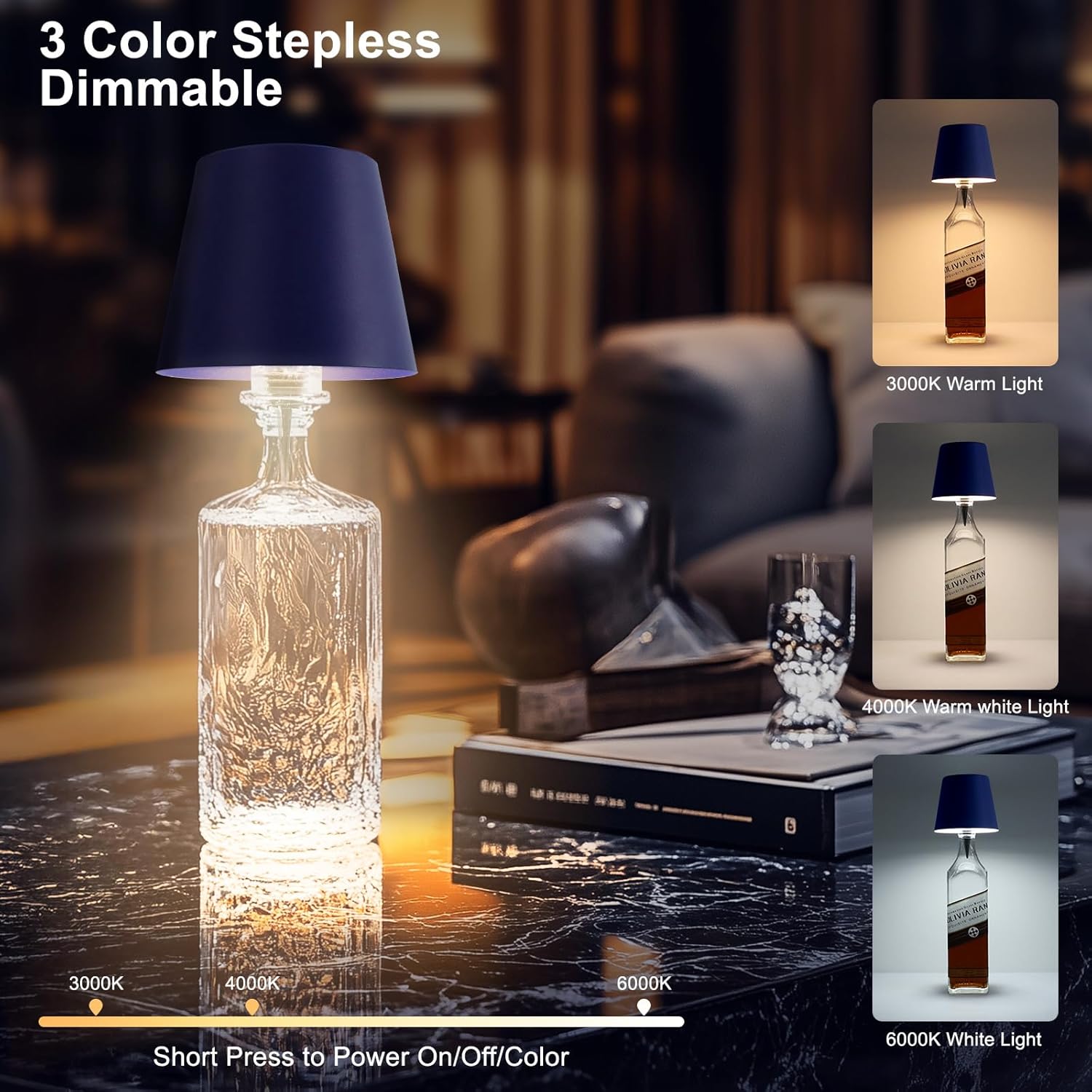 2 Pack 3600mAh Wine Bottle Lamps, 2026 New 3 Color Rechargeable Wireless Bottle Lamps, Bottle Lamp Kit for Liquor Bottles with Touch Dimming for Parties, Restaurants & Home Decor