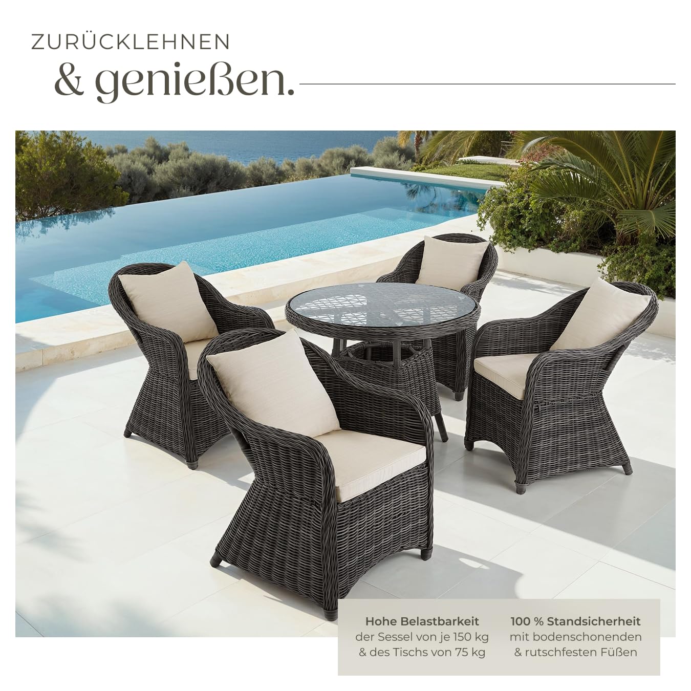 tectake® Sitzgruppe, Rattan Gartenmöbel Set, 1x Tisch und 4X Stuhl, Möbel wetterfest als Lounge im Wintergarten, Balkonmöbel, Gartensessel, Terrassenmöbel - grau