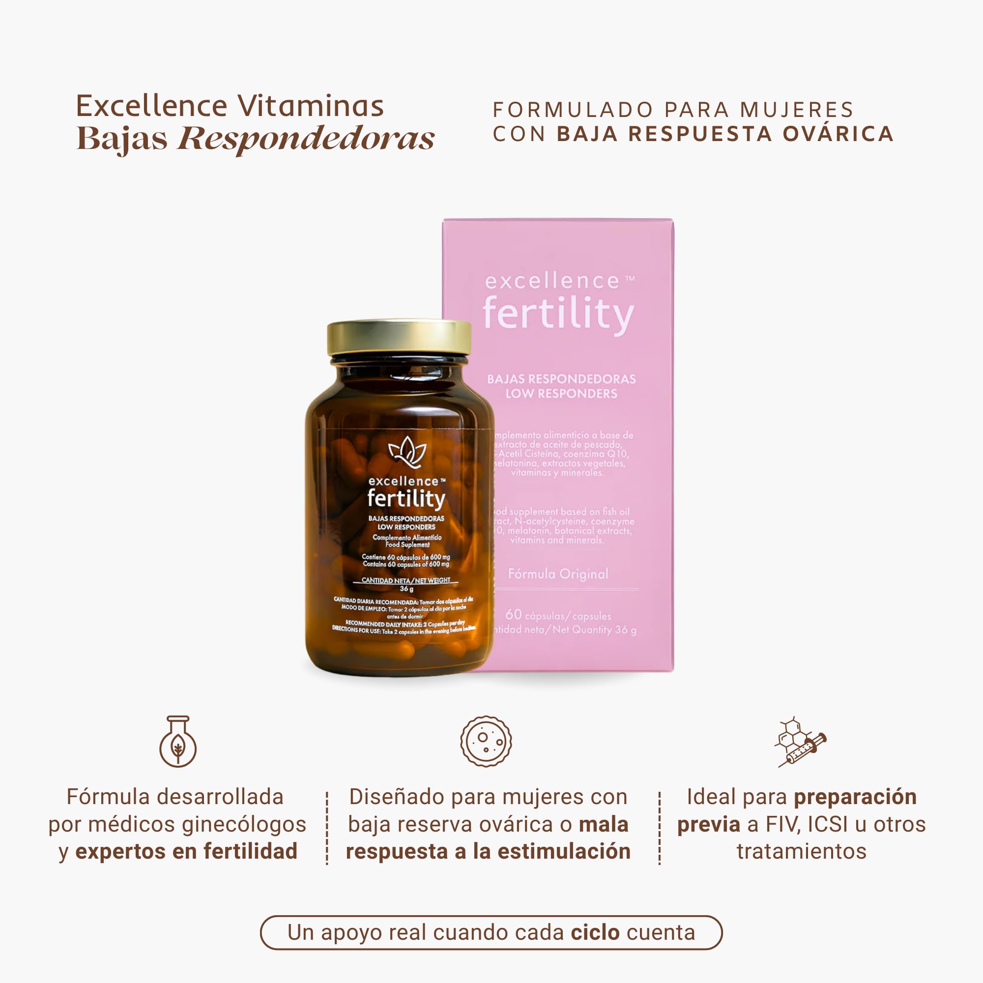 Excellence Bajas Respondedoras – Fertilidad Femenina para Baja Reserva Ovárica – Folato, Resveratrol, Salvia, Ácido Alfa Lipoico – Suplemento Antioxidante – 60 Cápsulas