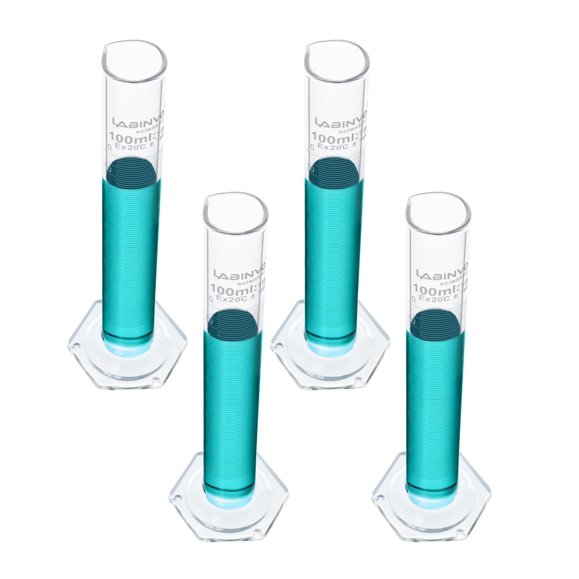 IN-MCG100 - Cilindro graduato, 100 ml, set di 4 cilindri graduati, in vetro borosilicato 3.3, classe B, IN-MCG100
