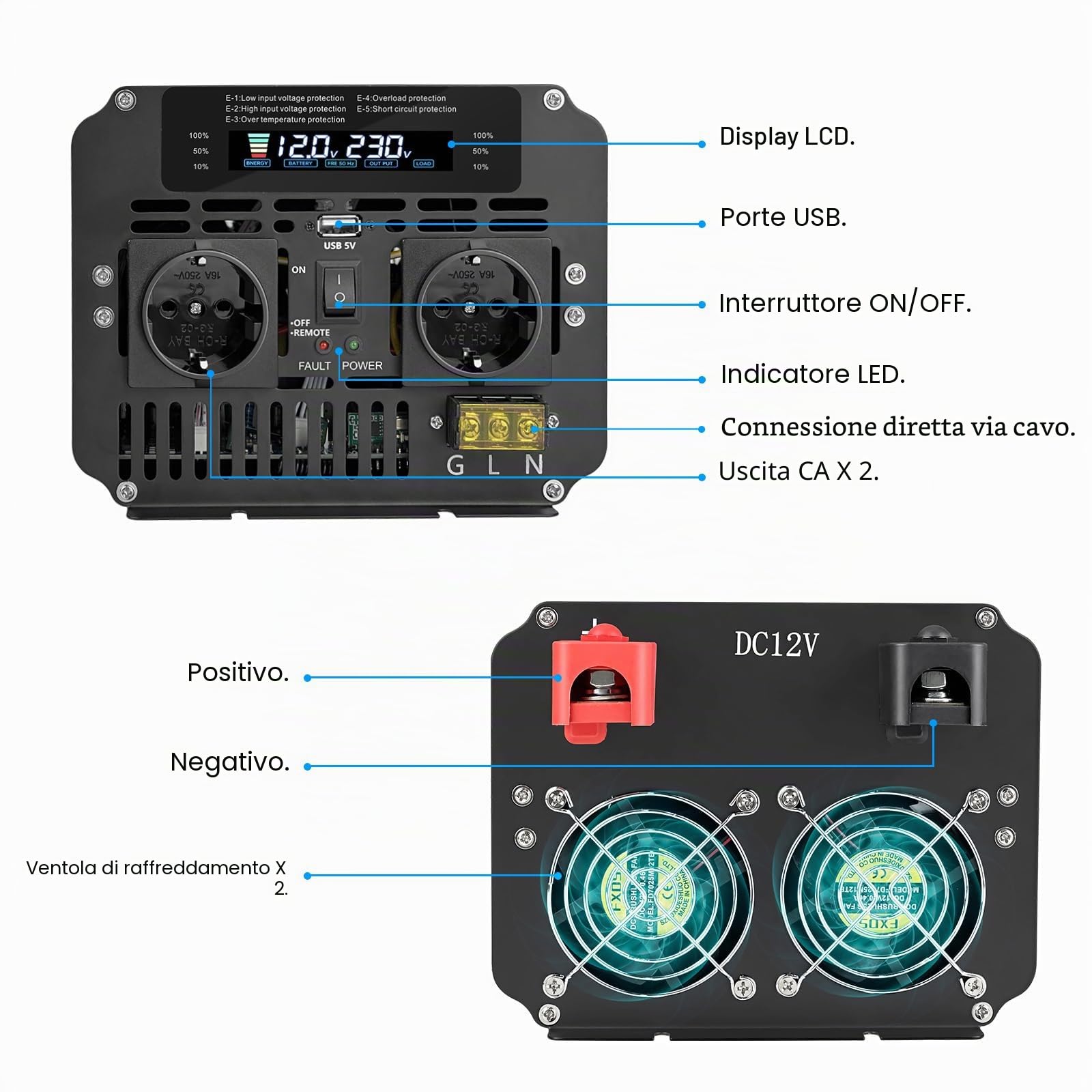 Yinleader Power Inverter 5000W/10000W onda sinusoidale modificata Convertitore DC 12V a 220V AC Convertitore di corrente con 2 prese AC, Telecomando, display LCD e porta USB per Auto, Camion e Camper
