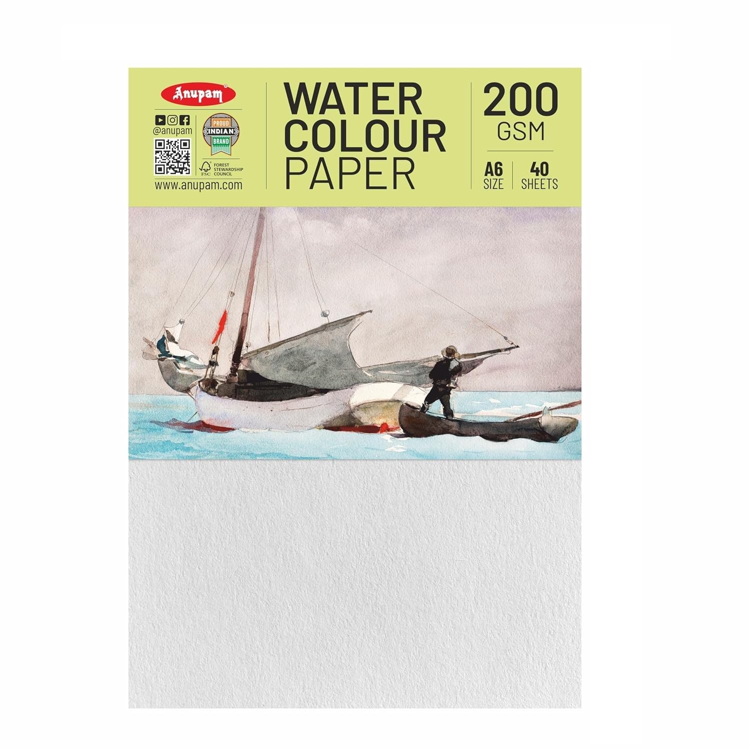 Anupam Aquarellpapier, A6, 200 g/m², kaltgepresst, säurefrei, beidseitig verwendbares Aquarellpapier für Aquarell, Acryl, Gouache, Tinte und gemischte Medien, 40 Blatt (2 Stück)