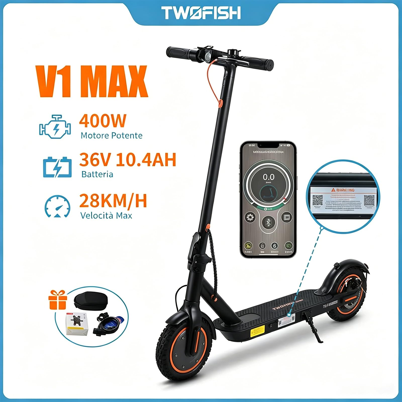 Monopattino Elettrico per Adulti, Pieghevole, Due Velocità, Controllo Tramite App, Display a LED, Batteria Da 36v 10.4ah, Pneumatici Da 10 Pollici, Ricarica Rapida, Portata Massima 100 Kg