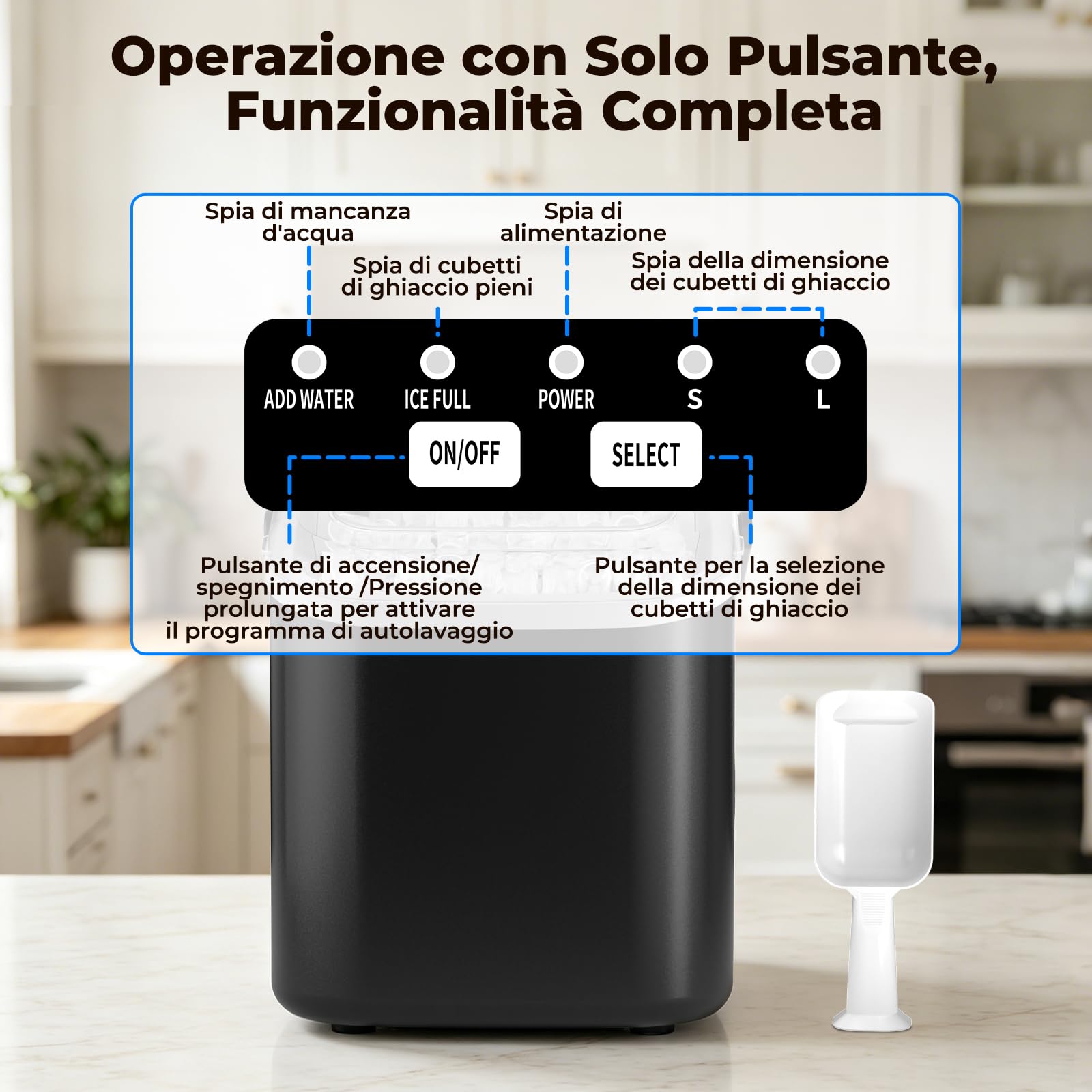 Macchina del Ghiaccio per Casa 12kg/24h, Autopulente Ice maker Silenzioso, S/L Ghiaccio, 8 Cubetti 6-8 Minuti, con Maniglia/Paletta/Cestello, per Cucina/Ufficio/Feste, Nero