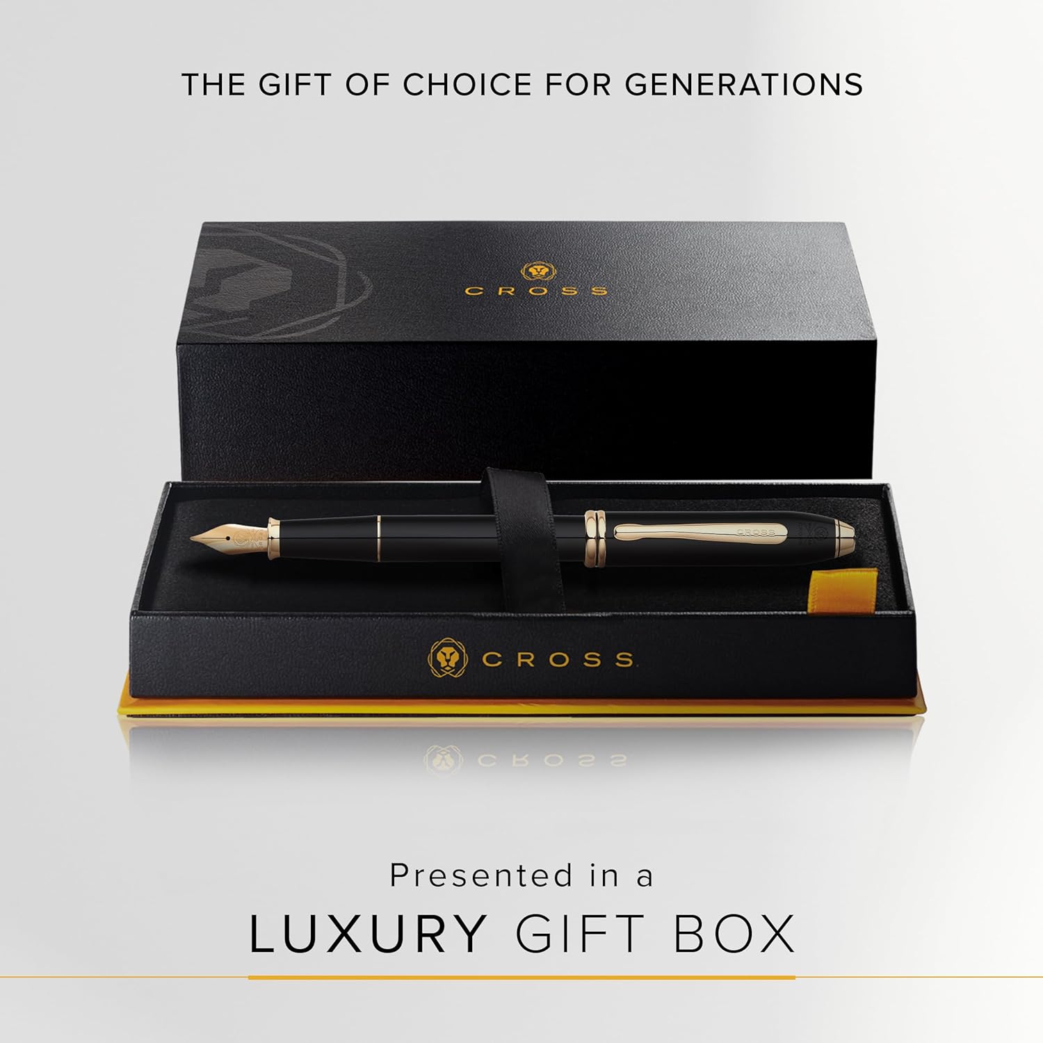 Cross Townsend Refillable Fountain Presented in a Luxury Gift Box - Medium Point, Black Ink, Black & Gold