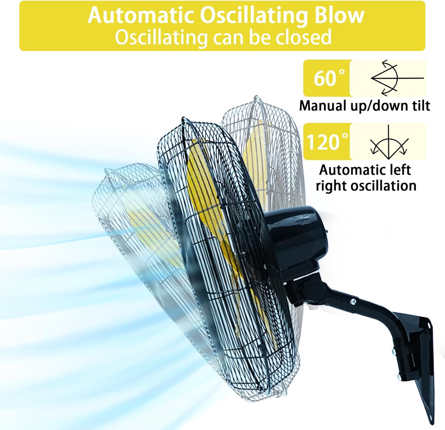 size 20 in Wall Mount Fan, 20In Oscillating Wall Fan with 7000CFM, 3-Speed, Upgrade Motor High Velocity Industrial Fans for Commercial, Garage, Residential and Patio Use, Yellow