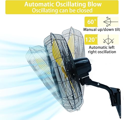 Miniatura 4 de Ventilador de montaje en pared, ventilador de pared oscilante de 20 pulgadas con 7000 CFM, 3 velocidades, ventilador industrial de alta velocidad