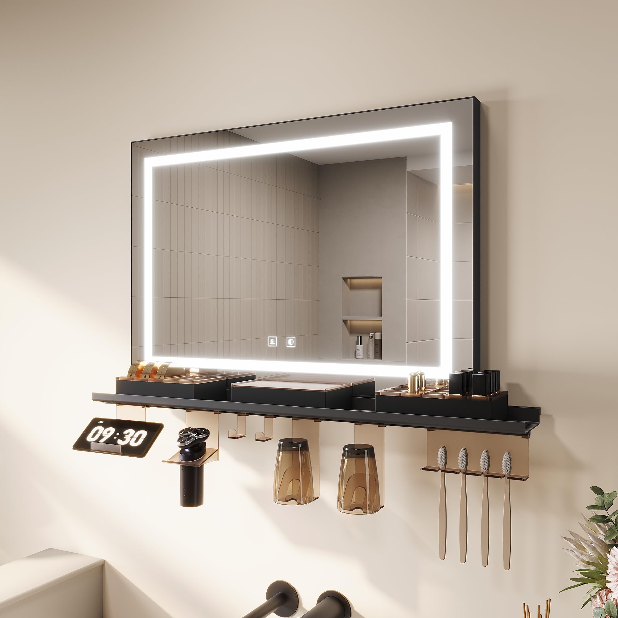 SONNI Lustro łazienkowe LED 70 x 50 cm + półka 80 cm, lustro dotykowe, 3 kolory światła, ochrona przed zaparowaniem, półka z uchwytem na telefon komórkowy + hak + uchwyt na szczoteczki do zębów +
