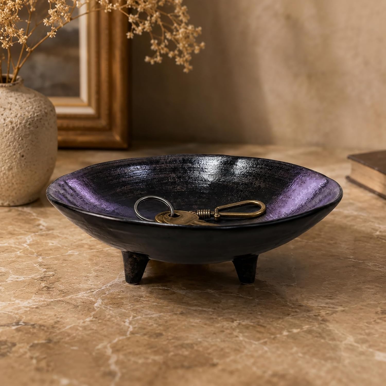 6.1" Decorative Bowl, Ceramic Footed Bowl, Black Glazed Decorative Dish for Keys, Vintage Round Trinket Tray, Small Rustic Plate for Entryway, Nightstand, Vanity, Coffee Table