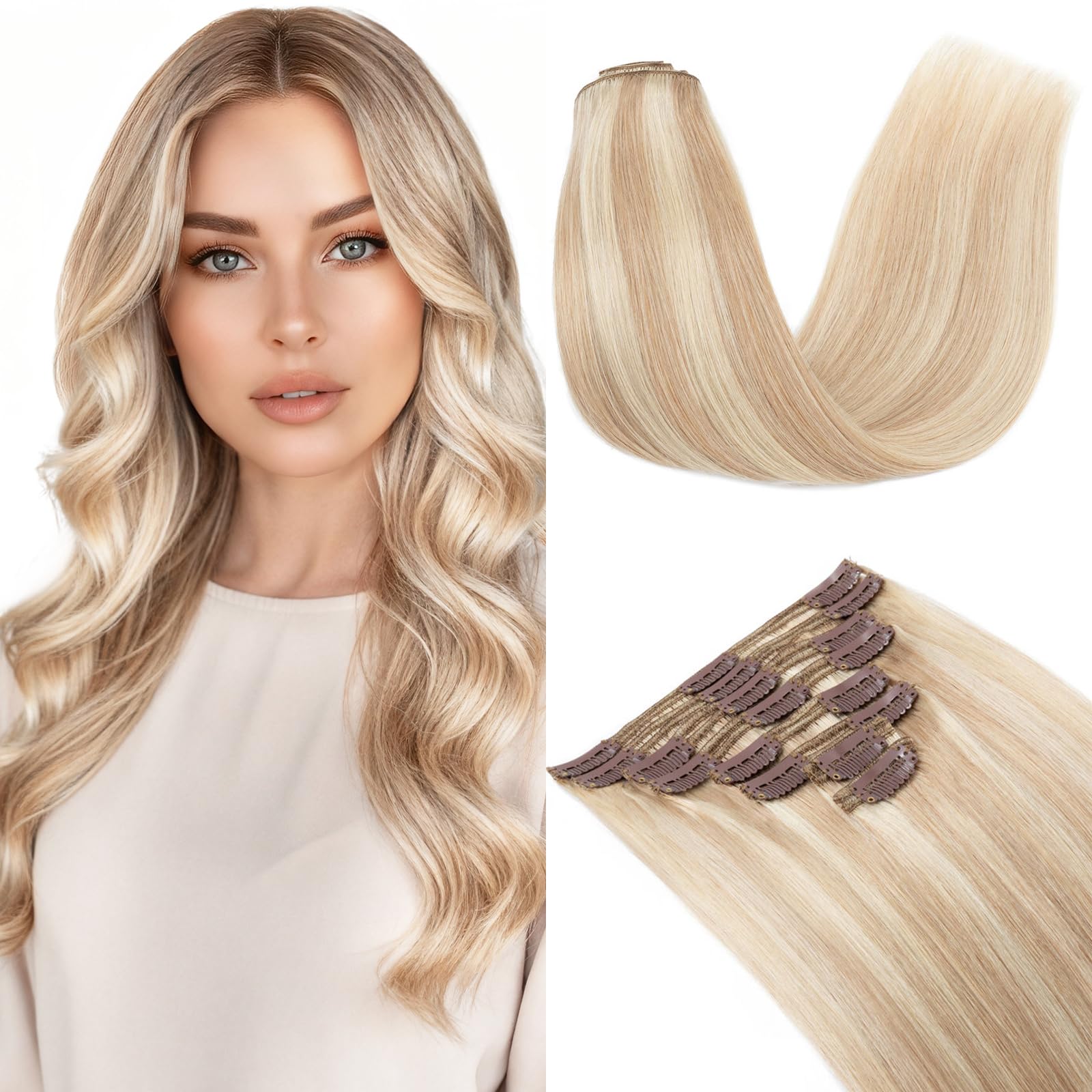 MY-LADY Clip In Extensions Echthaar Doppelt Genähte 8pcs 40cm Haarverlängerung mit Doppelt Tressen Glatte Natürlich für Frauen Clip In Human Hair Extensions Skin Weft (#18P613 Ascheblond/blond, 130g)
