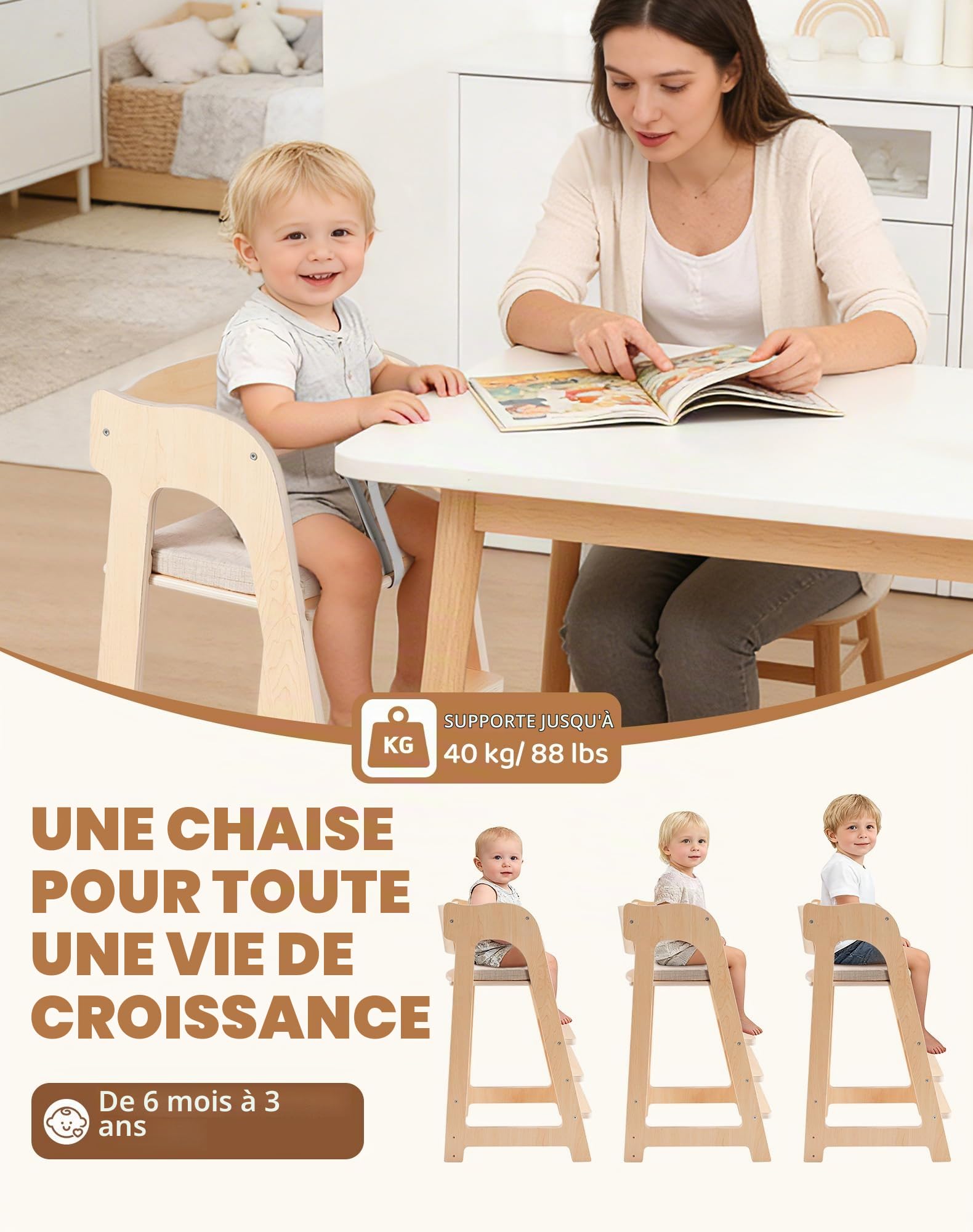 ROBUD Chaise Haute Multifonctionnelle en Bois, pour Enfant 6M+ à 40kg, avec Coussin Amovible & Harnais, Siège Évolutif avec Repose-pieds & Hauteur Réglable, Bois Naturel