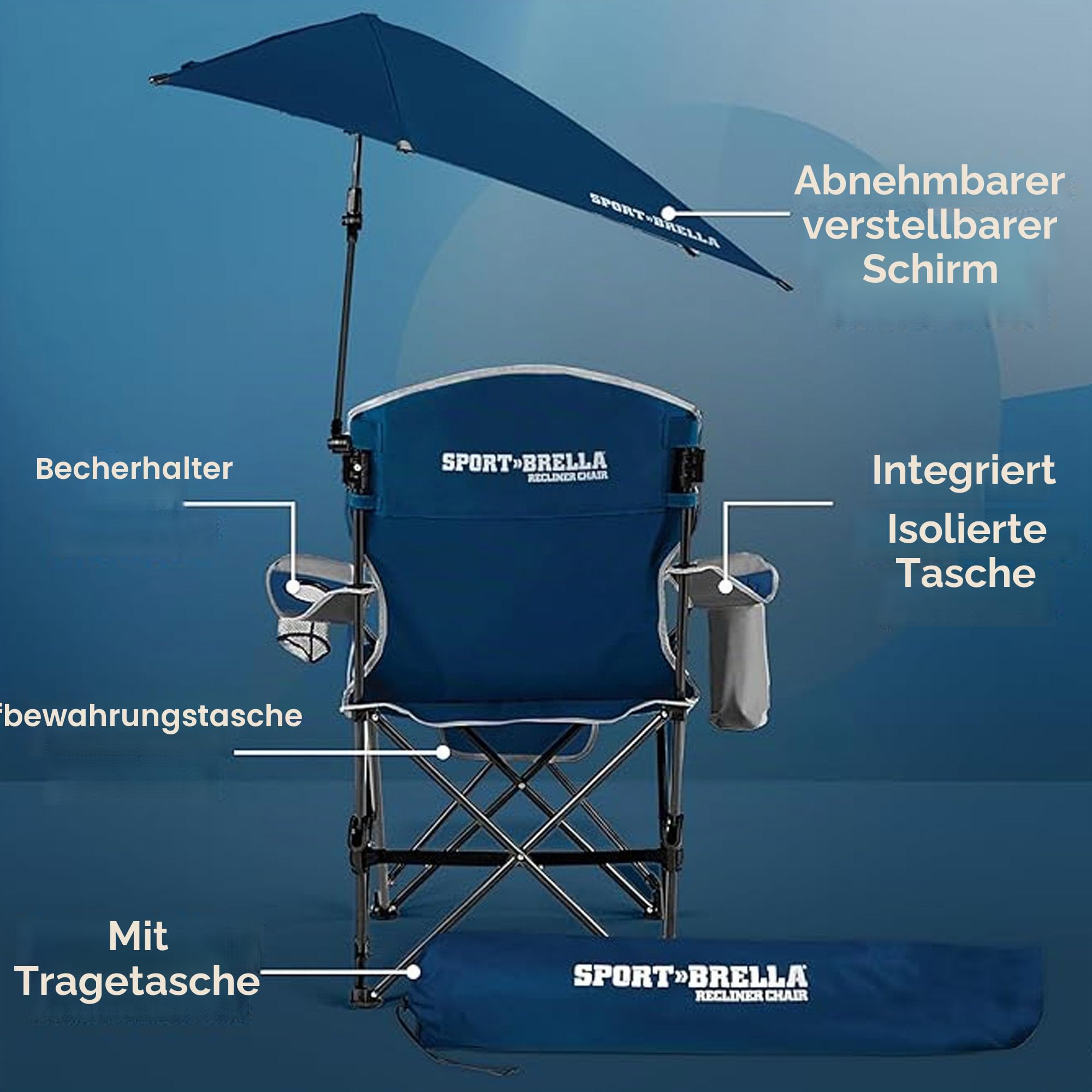 Sport-Brella Tragbarer Strandstuhl mit Kühlfach - Leichter Klappstuhl für Camping, 76 cm, 1 Stück, Ideal für Outdoor-Aktivitäten, Festivals und Entspannung am Wasser - UV-Schutz, Mitternachtsblau