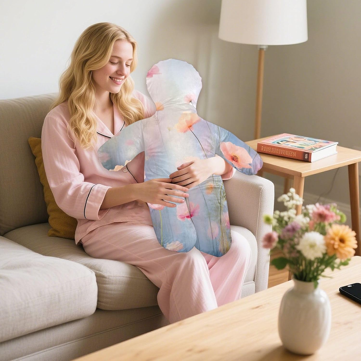 Wildflowers Painting Human-Shaped Pillow Soft Body Pillows Washable Velvet Pillows for Anxiety Relief Sleeping Cuddling & Support