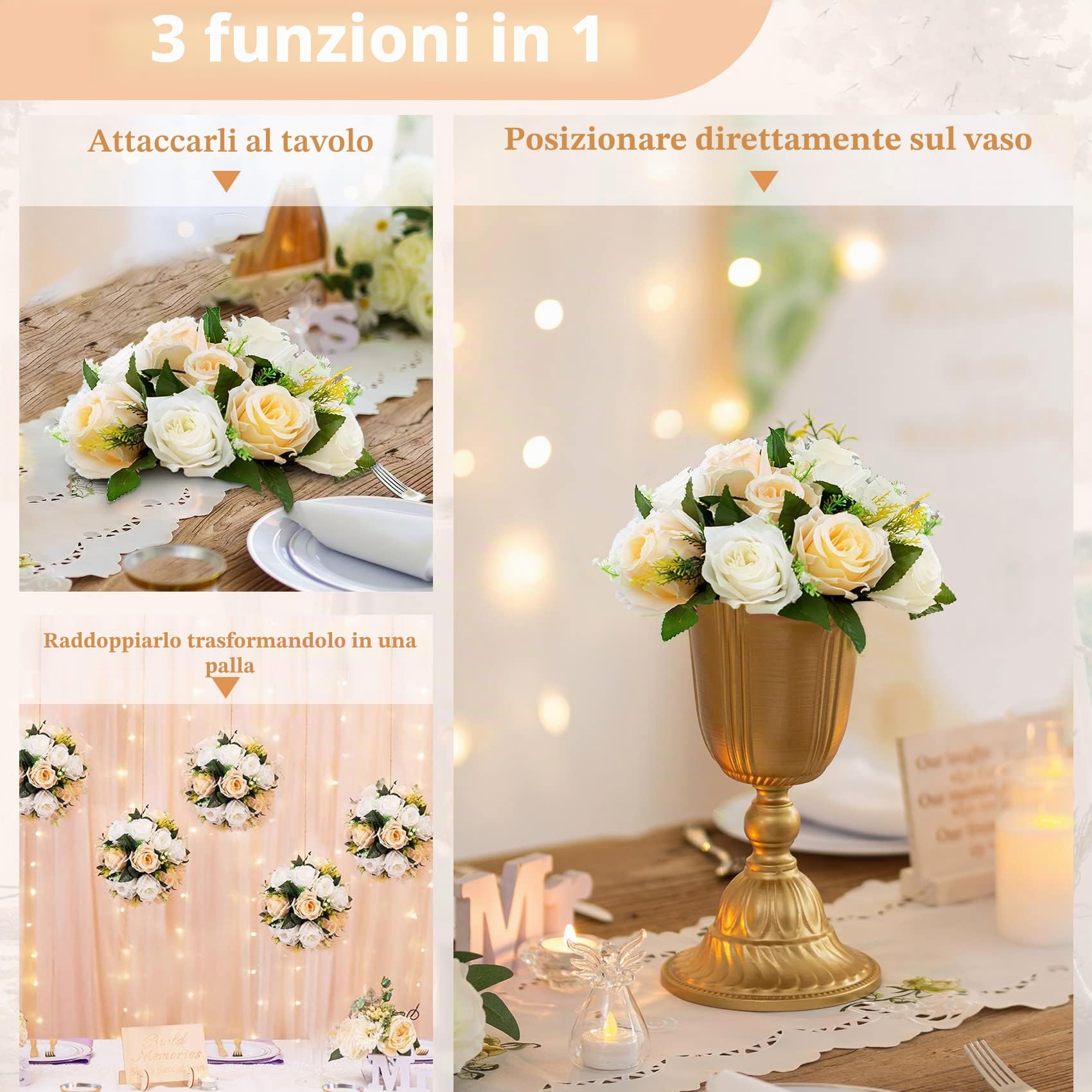 10 Pezzi Fiori Finti, Rose Plastica a 15 Teste con Base, Adatte per Centrotavola Matrimonio del Nostro Negozio Fioriera per Decorazioni per la Casa di San Valentino(Champagne&Bianco)