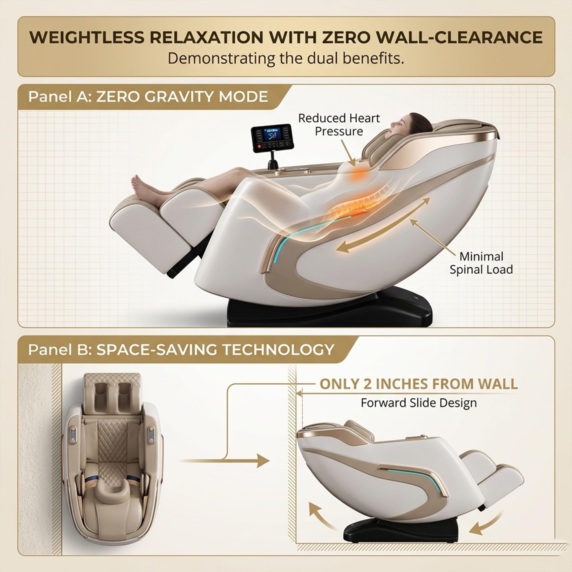 Sillón de Masaje Eléctrico, Carril SL Gravedad Cero con Escaneo Corporal IA, Calefacción, Airbags 360°, Pantalla LCD Táctil, Bluetooth, Sin Montaje(Beige)